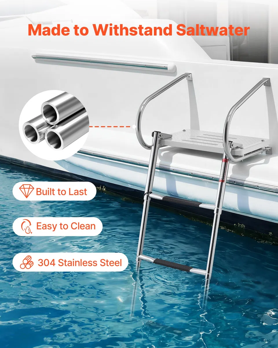VEVOR Scaletta per Barca in Acciaio Inox, Scaletta Telescopica Pieghevole a 3 Gradini, con Piattaforma e Corrimano, Portata Fino a 181 kg, Gradini Ampi e Antiscivolo, per Fuoribordo, Yacht e Pontoni