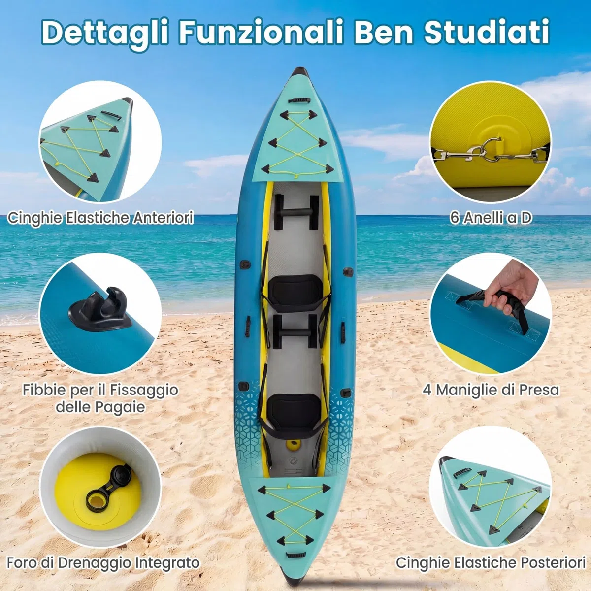 COSTWAY Kayak Gonfiabile 2 Posti, Kayak da Pesca Gonfiabile e Portatile 381 cm con 2 Sedili Imbottiti e Poggiapiedi Regolabili, Remi in Alluminio, Pompa a Mano, Ideale per Lago e Mare
