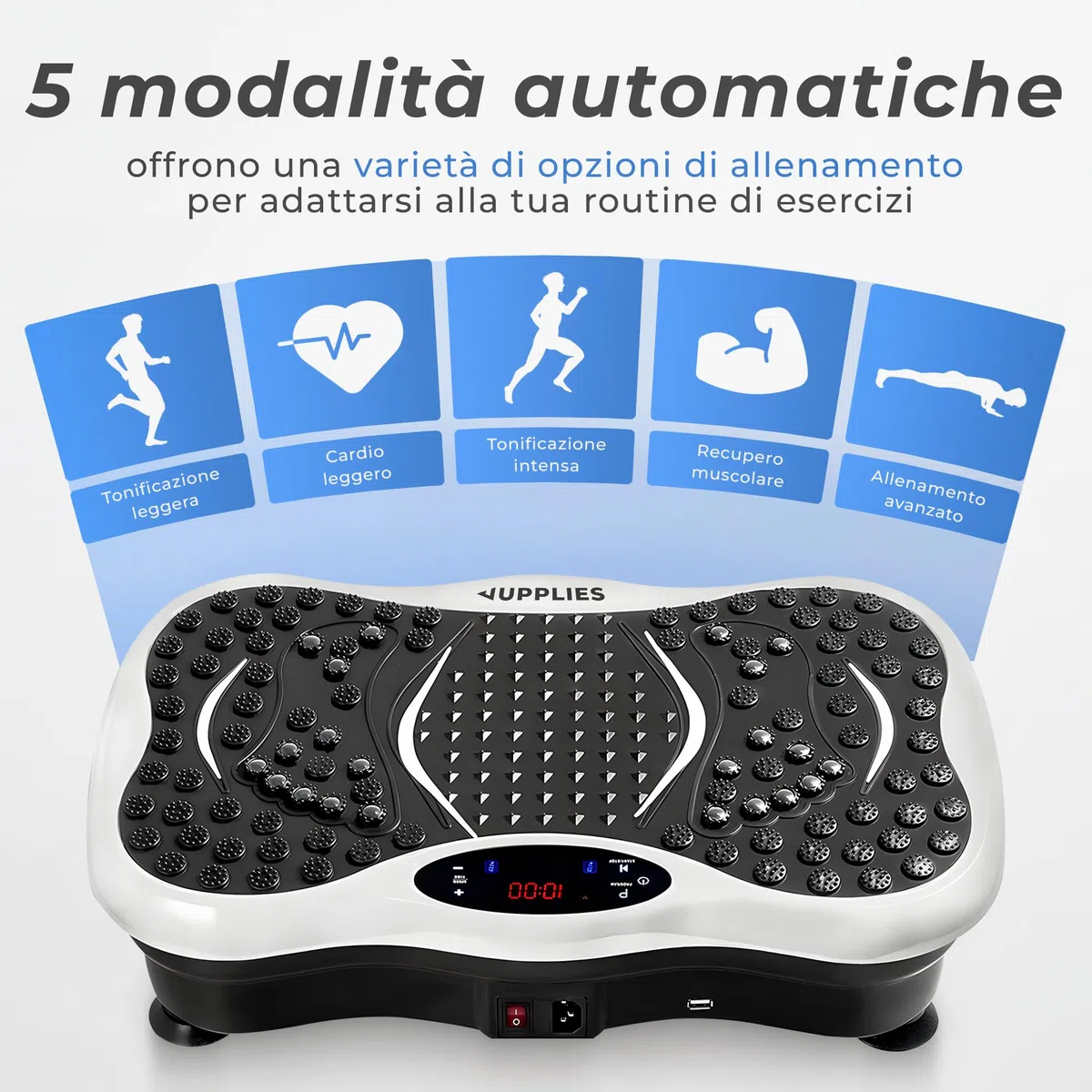 JUPPLIES Pedana Vibrante Dimagrante con 5 Programmi Automatici, 5 Bande Elastiche e Bluetooth – Piastra Vibrante Fitness per Allenamento, Recupero Muscolare e Circolazione Gambe