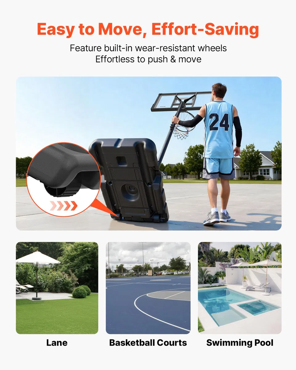 VEVOR Canestro da Basket da Esterno con Piedistallo Regolabile in Altezza Fino a 3,05 m con Ruote e Tabellone in PC da 1219,2 mm, Set di Tabelloni, Sistema di Canestro da Basket per Cortili, Piscine