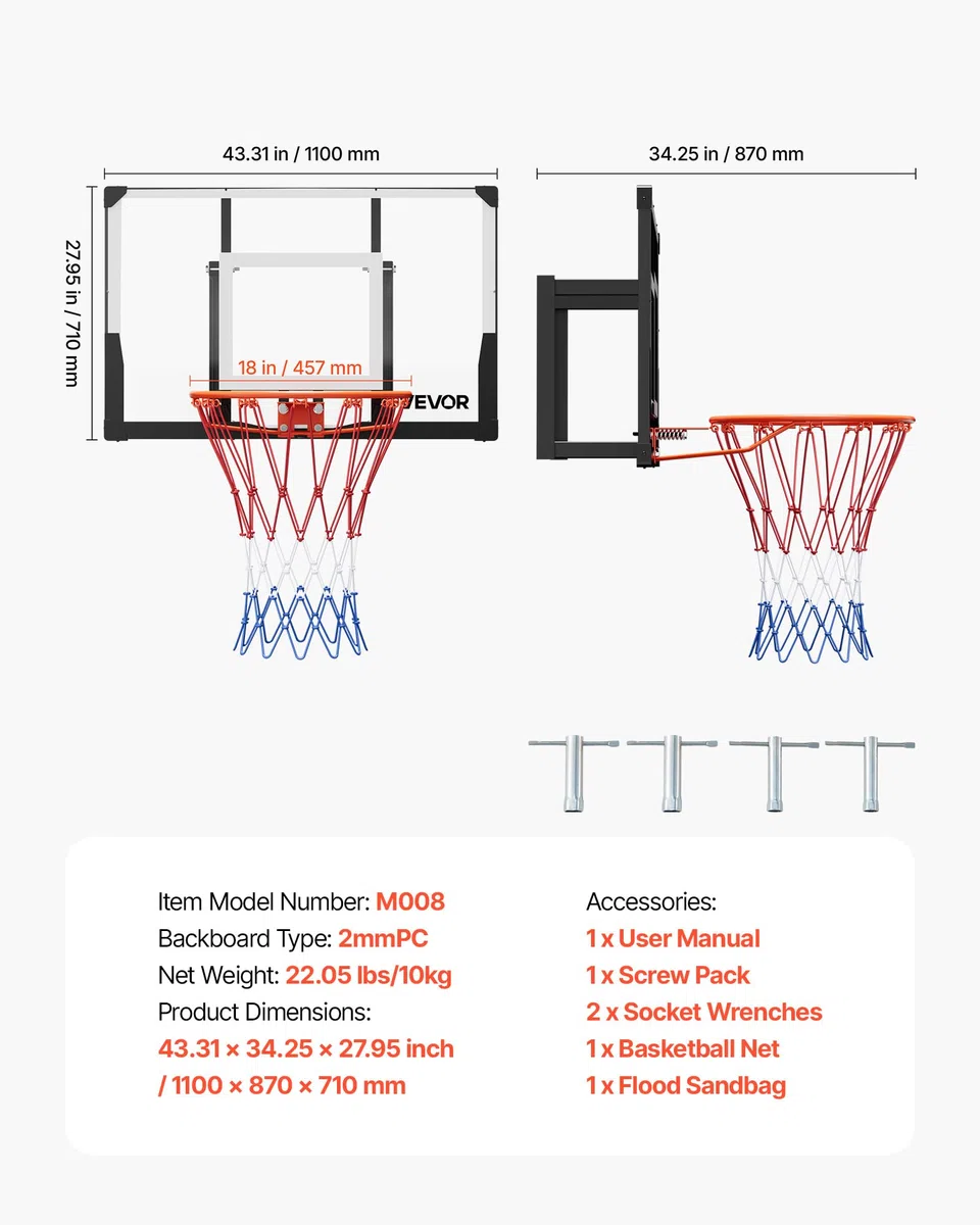 VEVOR Canestro Basket Esterno Interno con Tabellone in PC da 1117,6 mm e Tabellone con Spessore di 2 mm, Rete in Nylon Intrecciato Spesso, Canestro da Basket Peso di 10 kg Professionale e Divertente