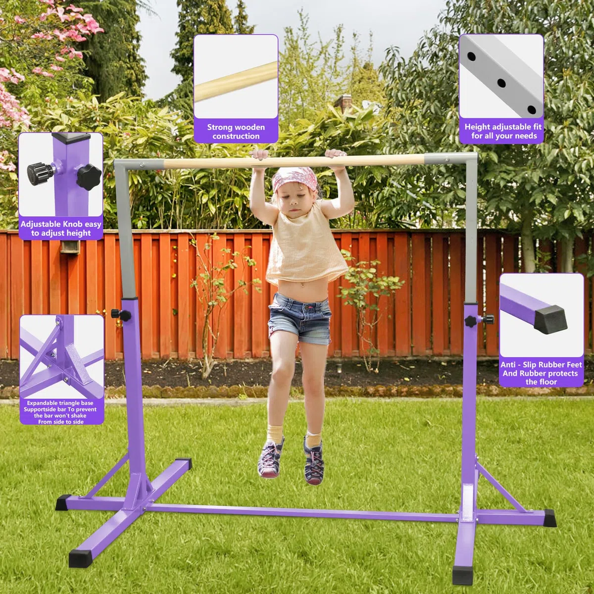 FBSPORT Barra da Ginnastica per Bambini con 13 Altezze Regolabili,Sbarra di Ginnastica per Bambini Barra Ginnastica Orizzontali Artistica Palestra Danza per Bambini e Bambine e Portatile Viola