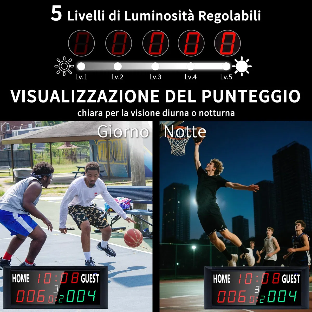 Tabellone Segnapunti Elettronico Portatile, 39,4*4*15,8cm, 13 Cifre per Basket con Orologio, Gioco Tennis con Conto Alla Rovescia/Crescente, LED Scoreboard per Pallavolo, Cornhole, Badminton