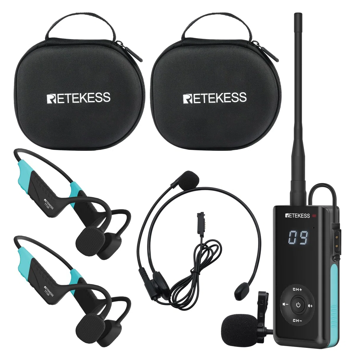 Retekess TT120 Comunicatore Subacqueo, Cuffie da Nuoto a Conduzione Ossea, IP68 Impermeabile, 120 m, Sistema di Comunicazione Per Allenamento,Club di Nuoto, Coaching (1 Trasmettitore, 2 Ricevitori)