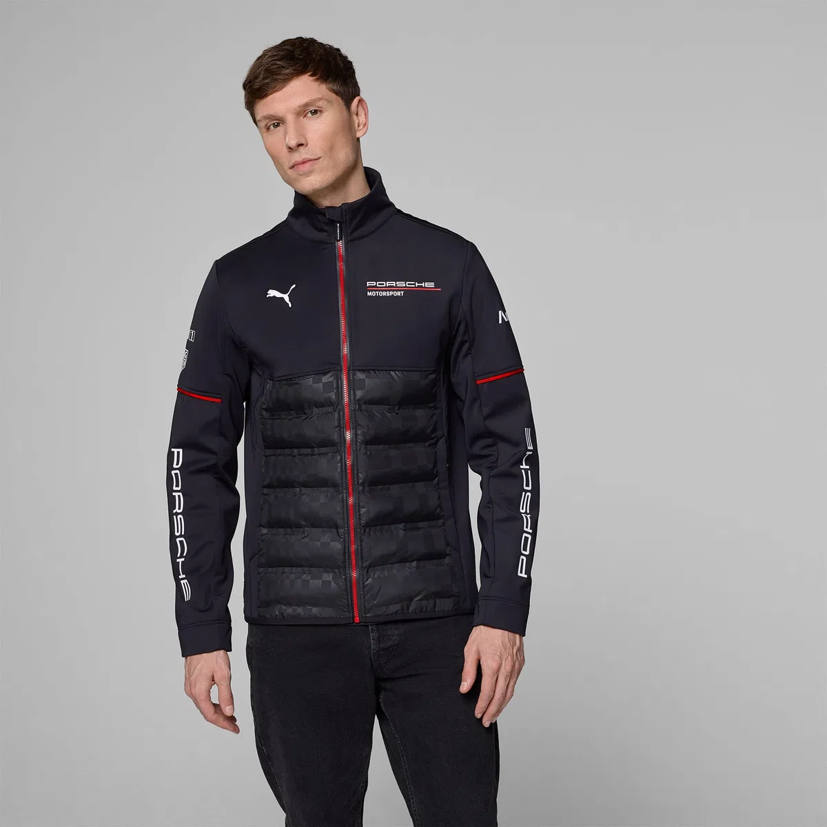 PUMA Porsche Motorsport Giacca ibrida del team per uomo con parte superiore tessuta e parte inferiore imbottita per massimo comfort - Nero