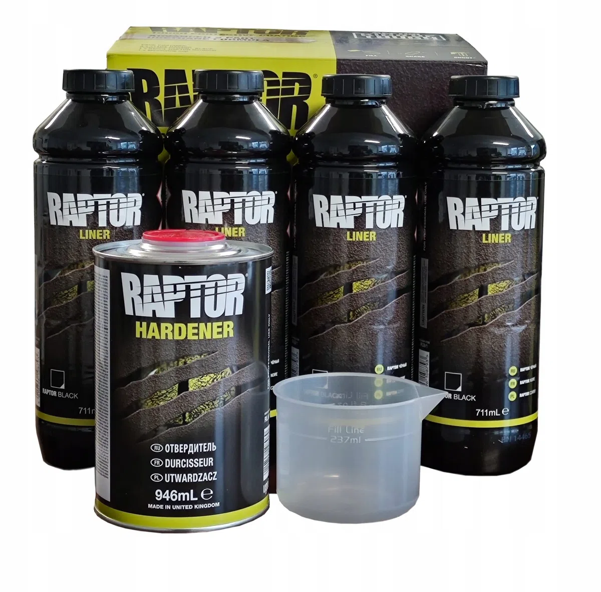 RAPTOR rivestimento protettivo KIT, 4 bottiglie 3,79 litri (incluso indurente), nero con pistola Raptor Professional Vari Nozzle