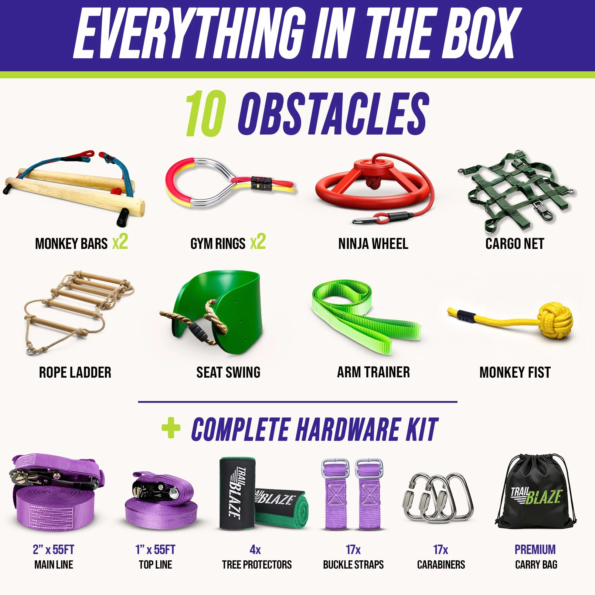 Trailblaze Ninja Line Hanging Obstacle Course for Kids - 40' Set for Backyard American Ninja Warrior Obstacles - Slackline Monkey Bars Kit + Tree Protectors - Carry Bag Included