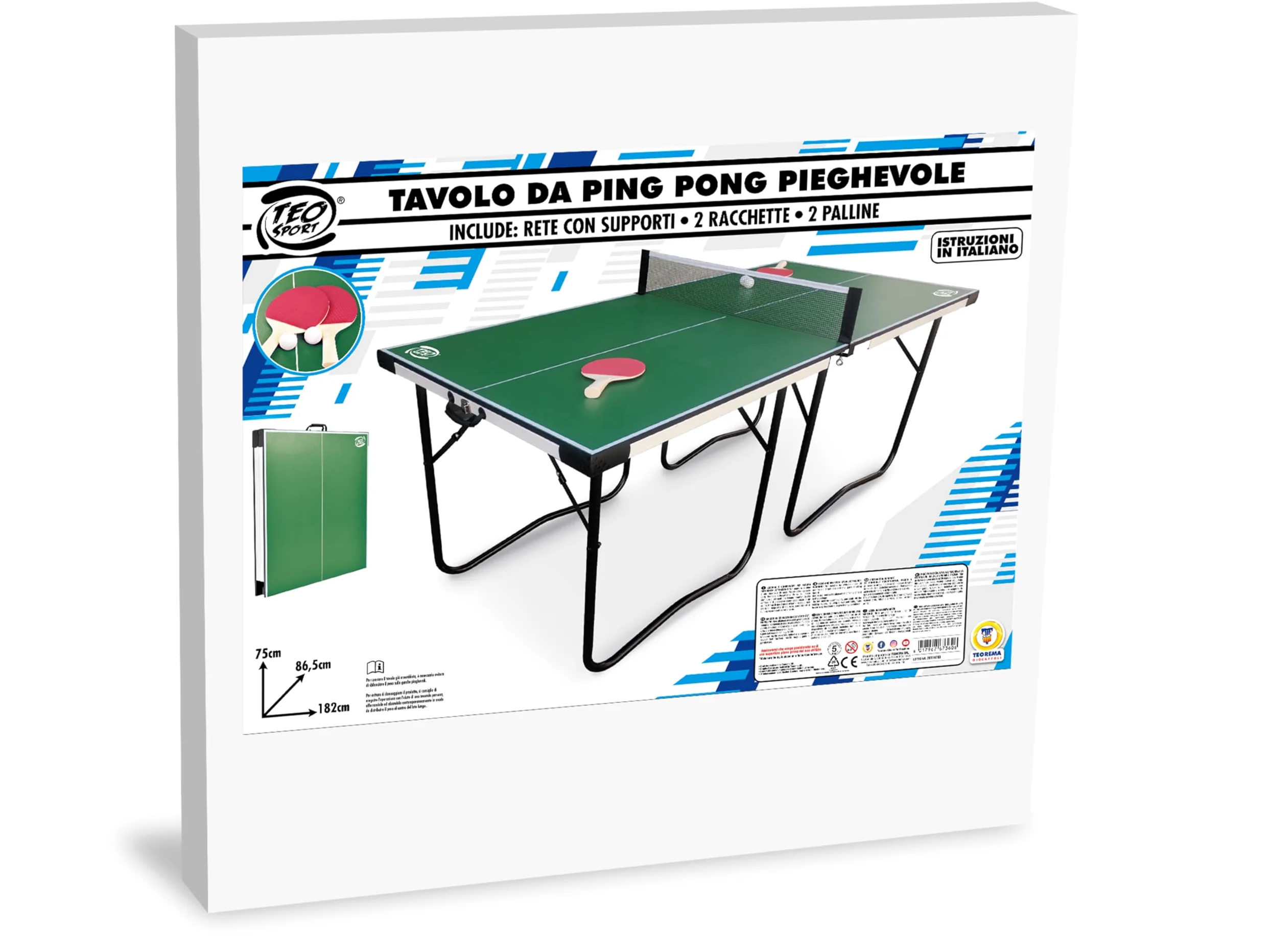 Teorema Giocattoli - Tavolo da Ping Pong Pieghevole Salvaspazio, Misure 182x86.5X75 cm, Tavolo Ping Pong esterno e interno con Set Completo: Rete, 2 Racchette e 2 Palline, Facile da Trasportare