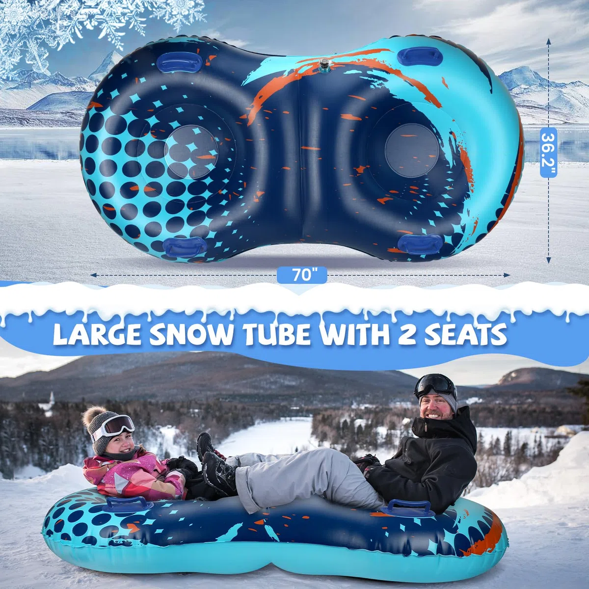 Tubo da neve con fune di traino trainabile, slitta gonfiabile heavy duty per 2 persone per bambini e adulti, di alta qualità, resistente all'abrasione, con fondo ispessito, tubi per slittino