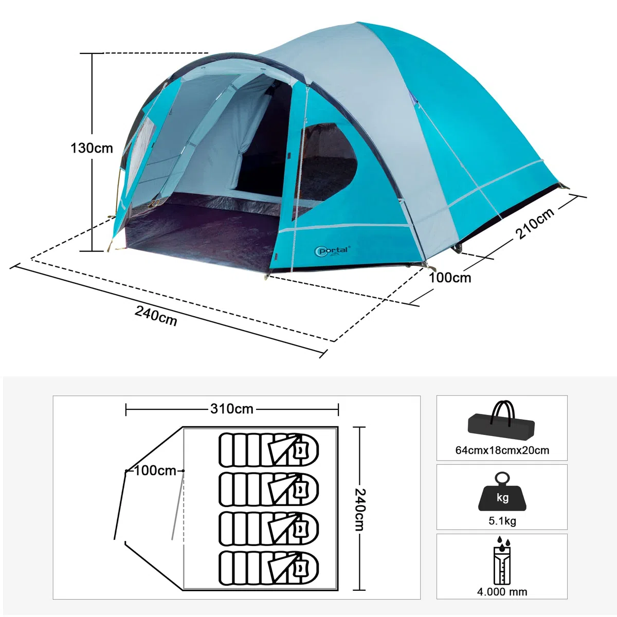 Portal 3 4 Man Tent with Porch, Camping for 3 to 4 Persons with Sewn in Groundsheet, 4000mm Waterproof Family with Bedroom, Lightweight Dome for Outdoor Garden Backpacking Hiking