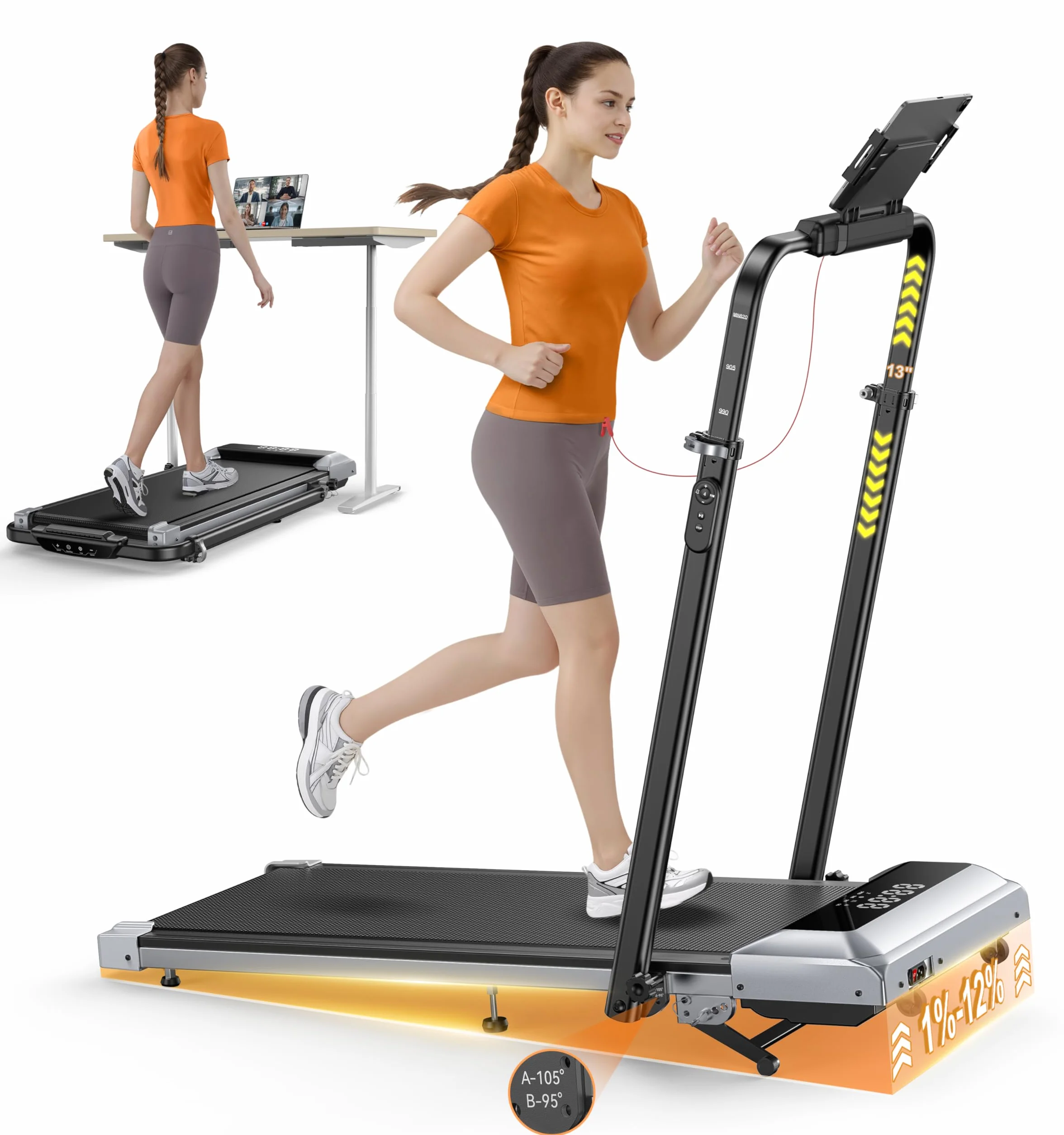 Tapis Roulant Elettrico con 12% Pendenza, 6 in 1 Tapis Roulant Pieghevole, 12km/h, 1150MM Tubo Montante Retrattile, Tubo Montante Rotante, 2.5HP Motore, App e Telecomando