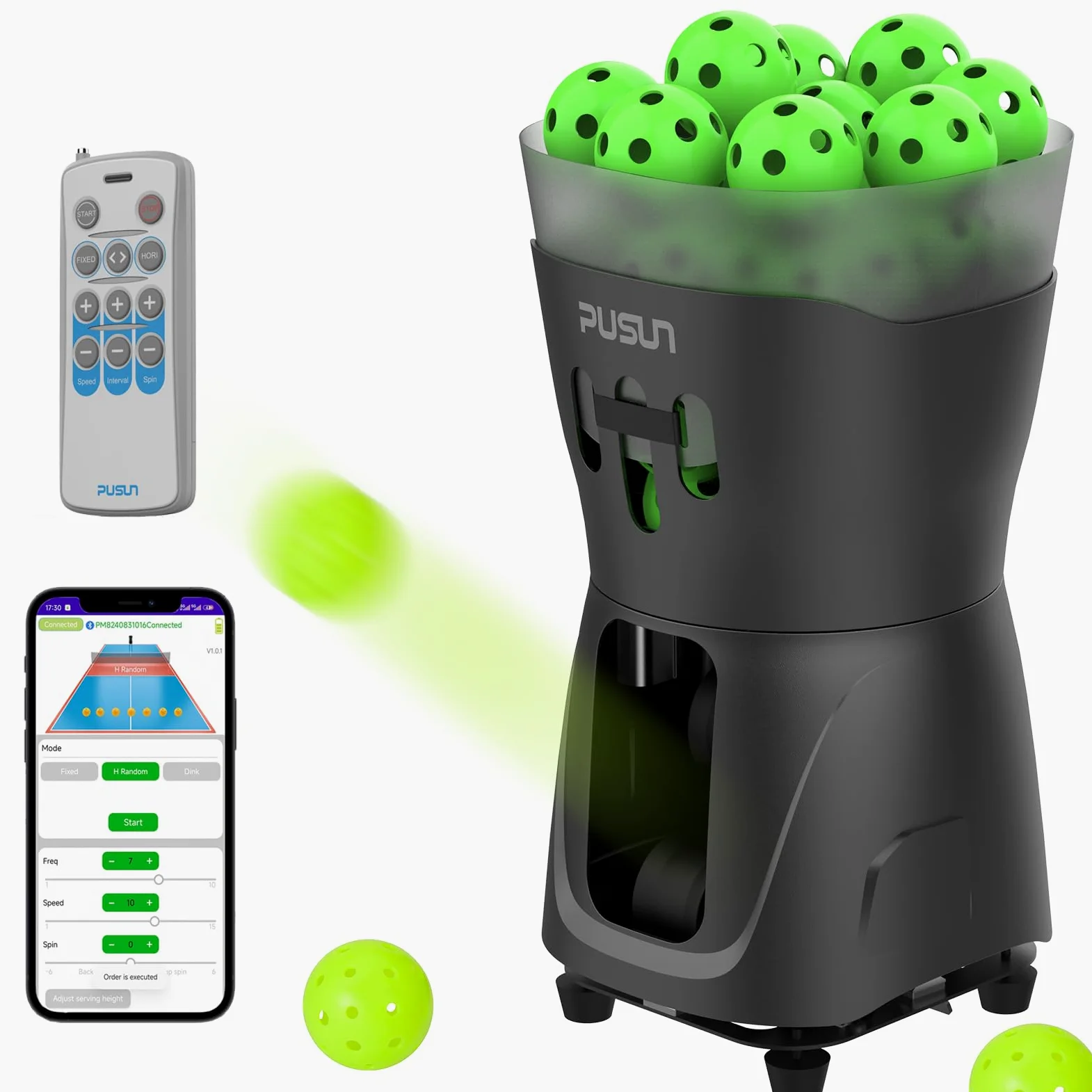 PUSUN Macchina per pickleball, macchina per pickleball PP-Mini Pro per bambini e principianti, supporta app e telecomando, contiene 65 più palline contemporaneamente, durata della batteria 3-5 ore,