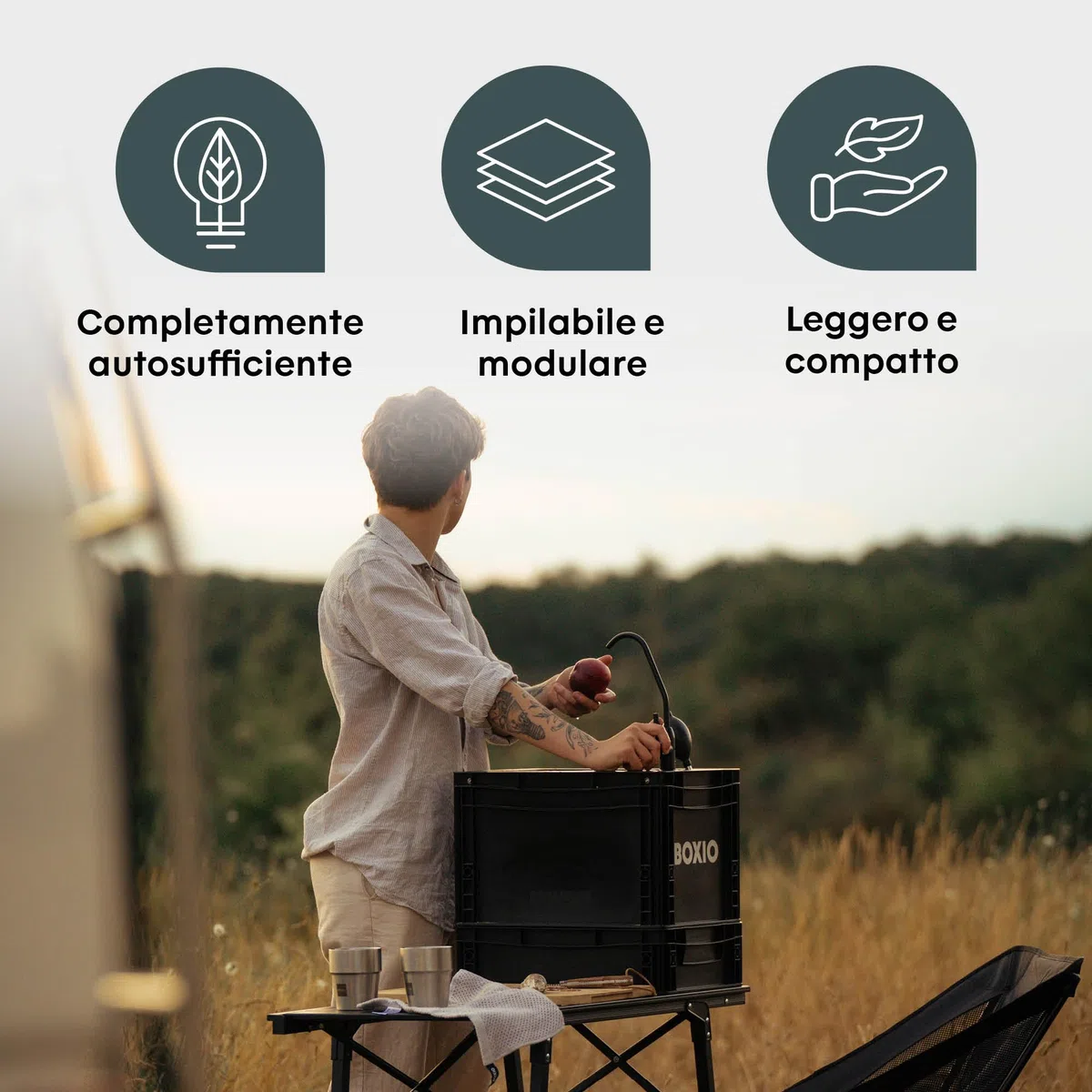 BOXIO - Kitchen Bundle Plus: cucina da campeggio mobile senza elettricità con scatola di cottura, lavabo, fornello a gas e tavolo con accessori per esterni, set di pentole, tagliere per il