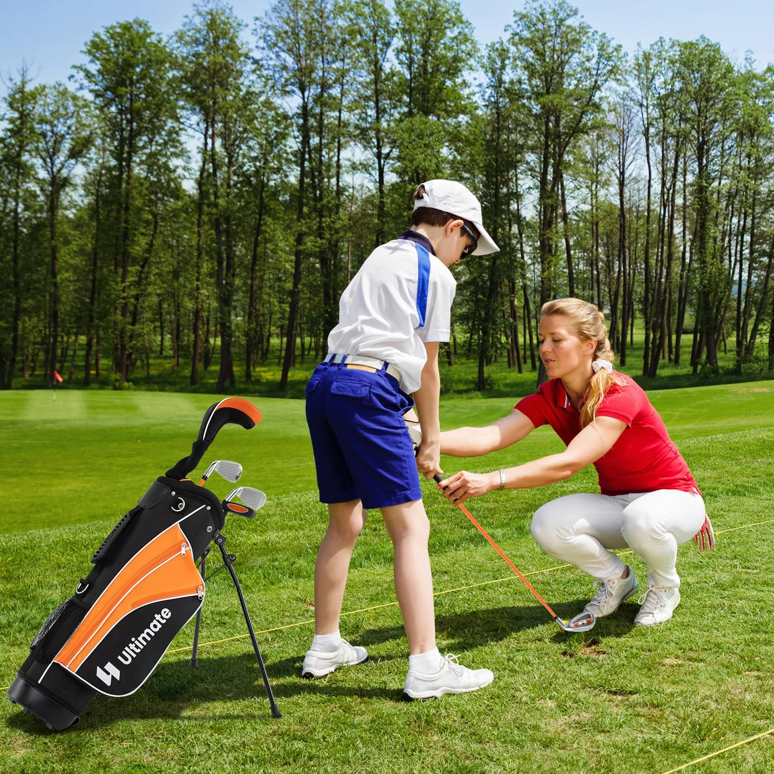 GYMAX Set Completo di Mazze da Golf per Bambini, Include 205CC #3 Fairway, Ferri #7 & #9, Putter, Copritesta, Sacca da Golf Portatile con Cappuccio Antipioggia, per Ragazzi 8-10/11-13 Anni