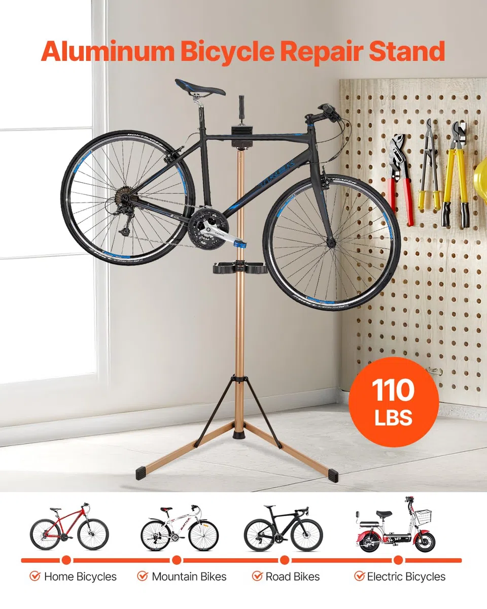 VEVOR Supporto per Riparazione Bici 940 x 795 x 1700 mm Supporto da Lavoro per Bici Resistente, Carico Nominale di 49,9 kg con Altezza Regolabile 1025 a 1510 mm e Ampio Vassoio Portautensili