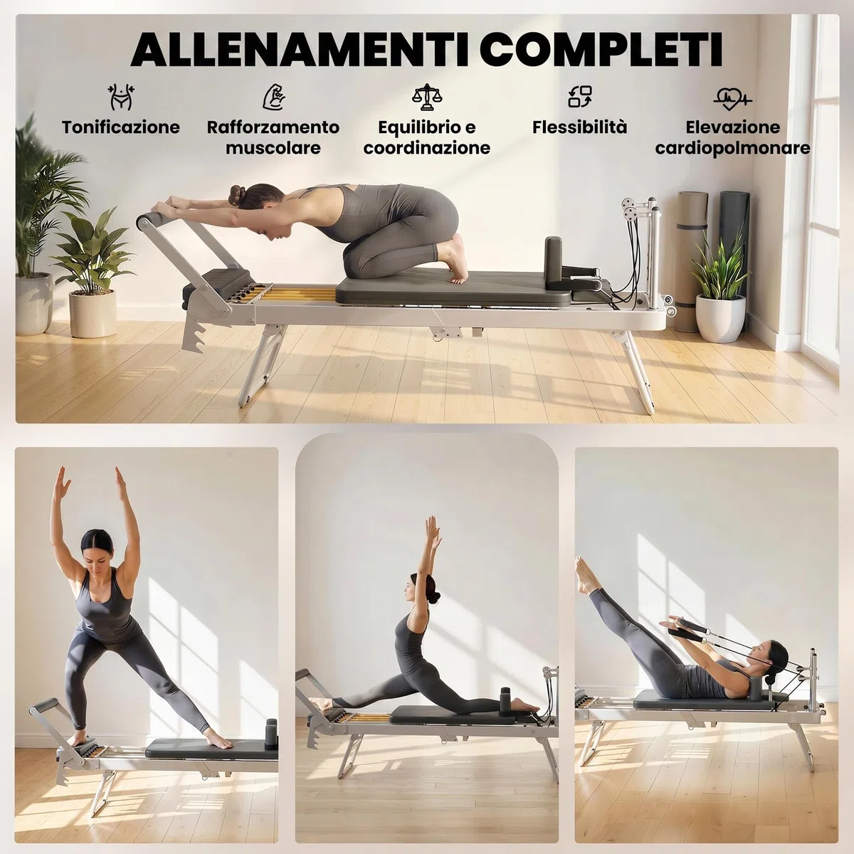 SPORTNOW Reformer Pilates per Casa Pieghevole con Resistenza Regolabile, Macchina Pilates Reformer con Barra Poggiapiedi e Sistema Pulegge Regolabile, Molle, Allenamento Palestra Casa Principianti