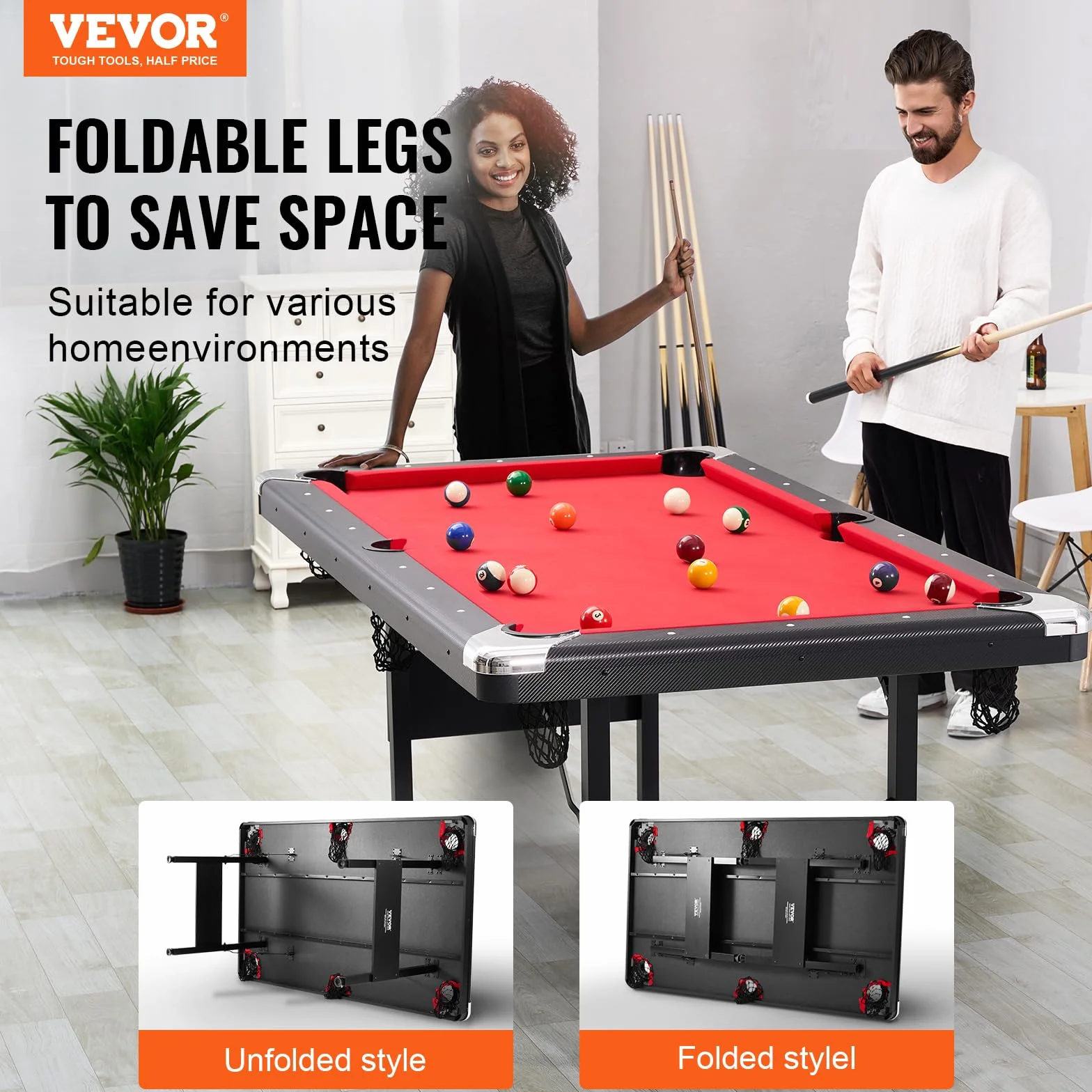 VEVOR Tavolo da Biliardo 1,9 m, Tavolo Portatile e Pieghevole, Set da Biliardo con Palline, Stecche, Gesso, Nero con Panno Rosso, Perfetto per la Sala Giochi della Famiglia, Bambini e Adulti