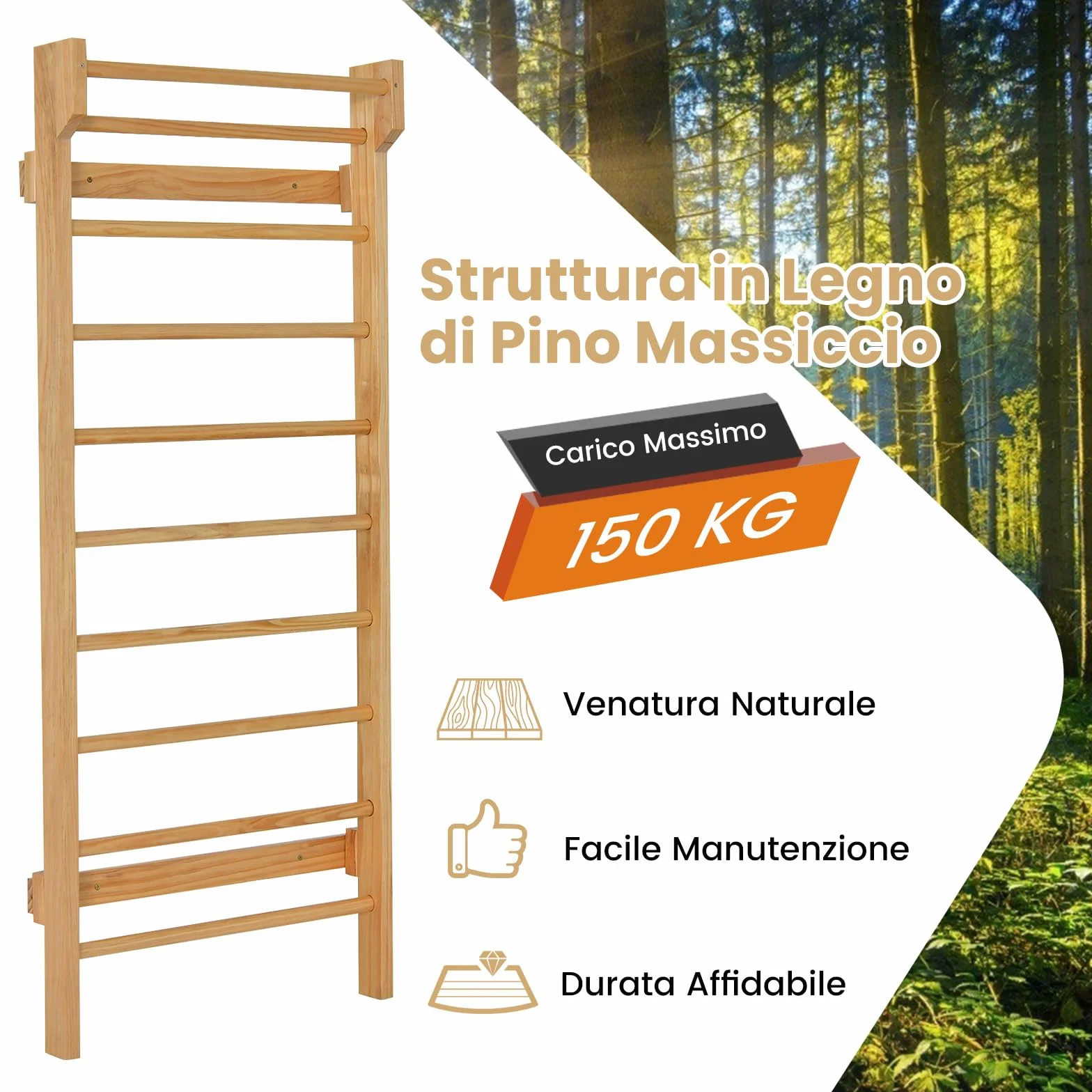 RELAX4LIFE Spalliera Svedese in Legno, Scala Svedese da Allenamento con Barra per Trazioni, Spalliera Palestra per Bambini e Adulti, Carico Massimo 100 kg