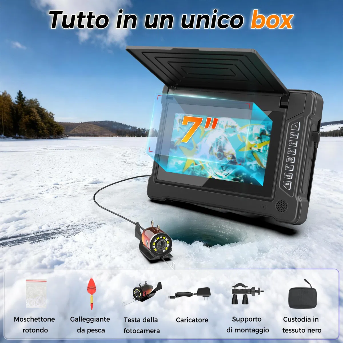 Ecoscandaglio da Pesca Telecamera subacquea 7" Impermeabile IP68 Cercatore Cavo per pesca in Mare, Lago, Fiume e Ghiaccio (15M)