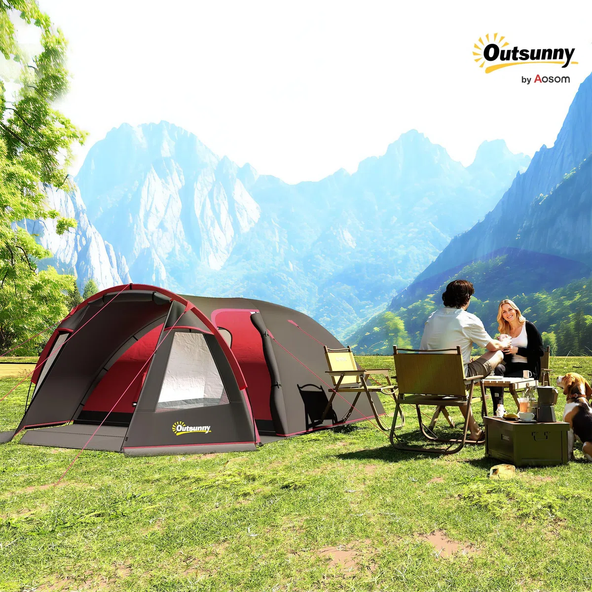 Outsunny Tenda Campeggio a Tunnel per 2-4 Persone con 2 Stanze, Tenda Famigliare da Trekking Pesca Impermeabile 3000mm con Fondo Rinforzato, Doppie Porte, Borsa di Trasporto, 360x250x130 cm, Grigio