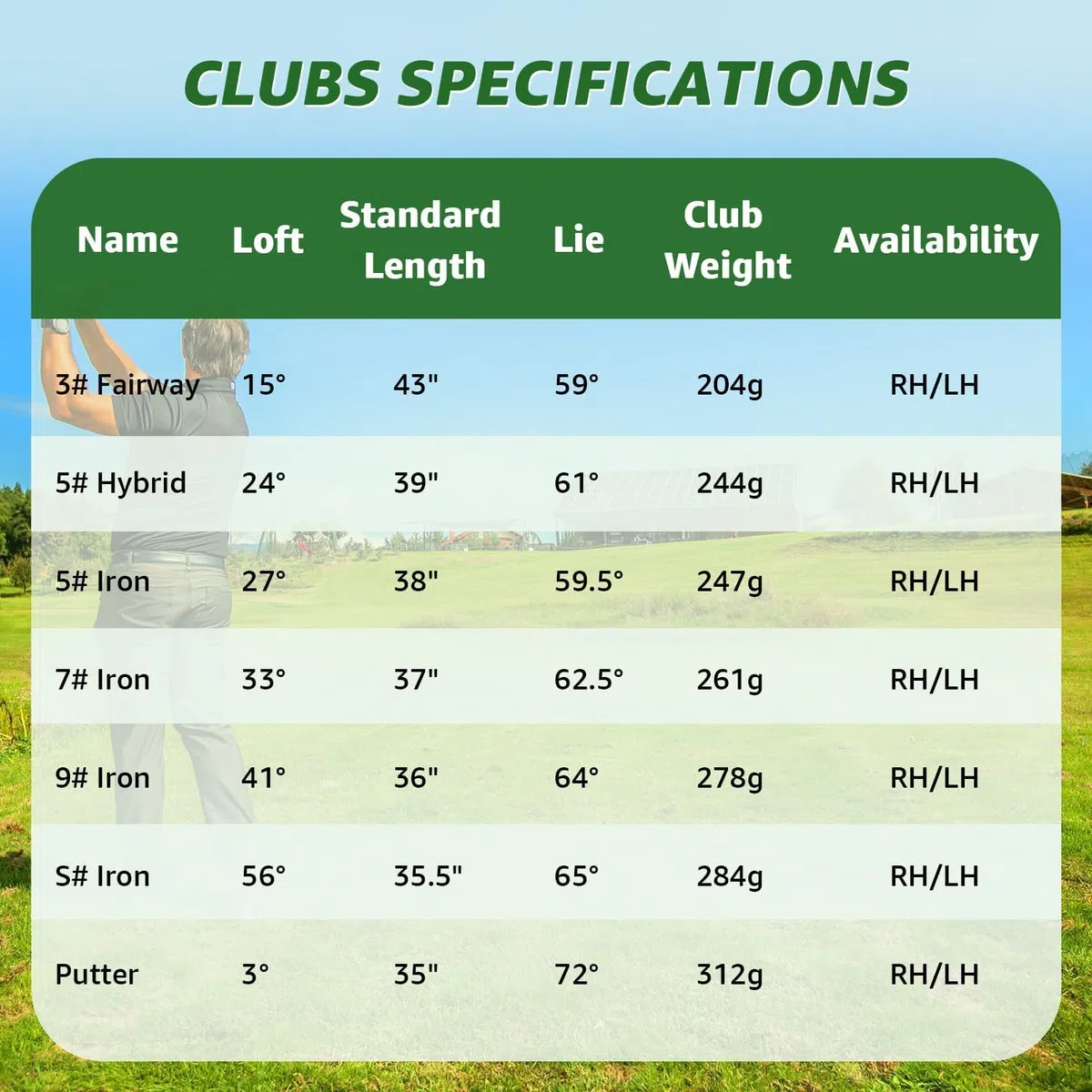 XKISS Set completo di mazze da golf per mancini/destrorsi da uomo donna 8 pezzi, include sacca con copertura antipioggia, legno da fairway 3# con copritesta, ibrido 5#, ferri 5#, 7#, 9# S# e putter