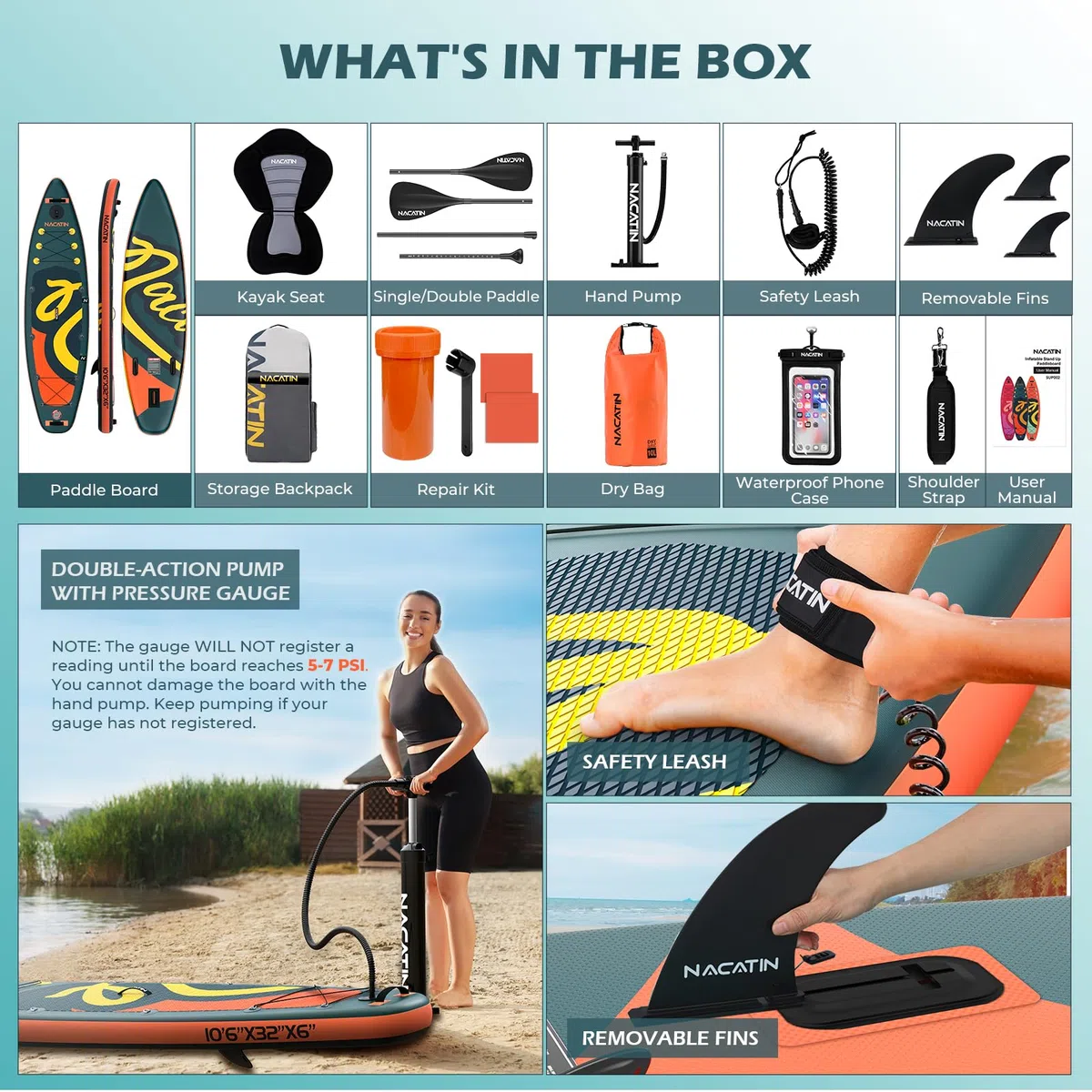 NACATIN Tavola SUP gonfiabile da 320 cm con sedile per adulti, con doppia pagaia, sedile per kayak, zaino, tracolla, borsa asciutta, kit di riparazione, per lago, fiume, yoga