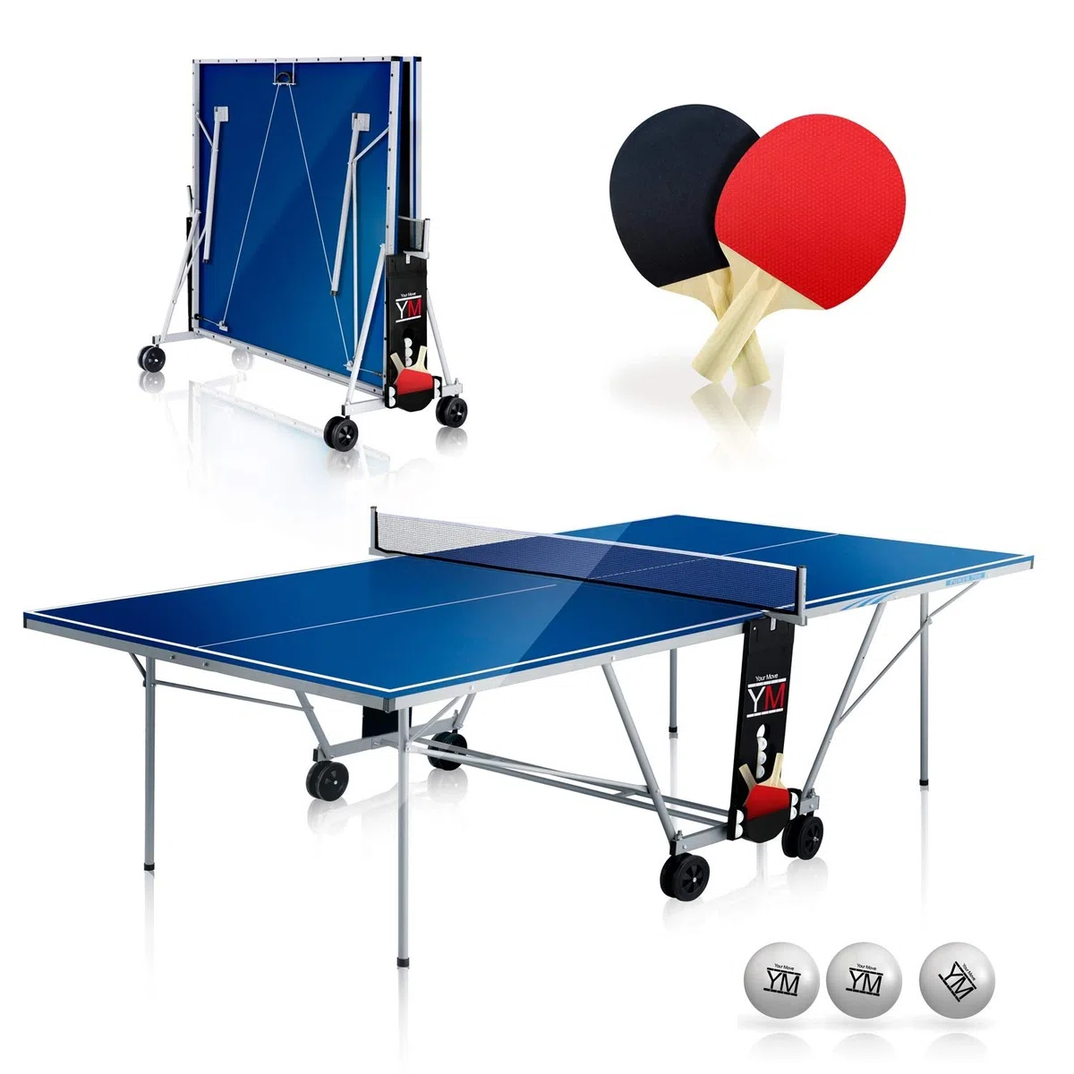 YM Tavolo Ping Pong Interno Pieghevole Indoor Drago - Dimensioni Ufficiali da Torneo 274 x 152,5 x 76 cm - Route per Il Trasporto - Racchette e Palline Omaggio Incluse - Sistema Twin Multi Security