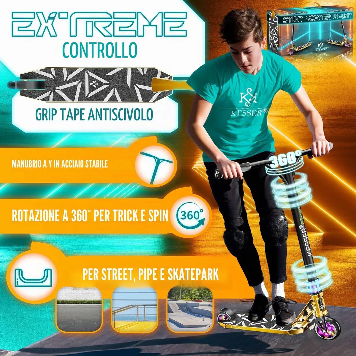 KESSER® monopattino acrobatico GT-Limit 360° sterzo divertente acrobatico con supporto ABEC 9 cuscinetti a sfera, ruote in PU da 110 mm, Scooter