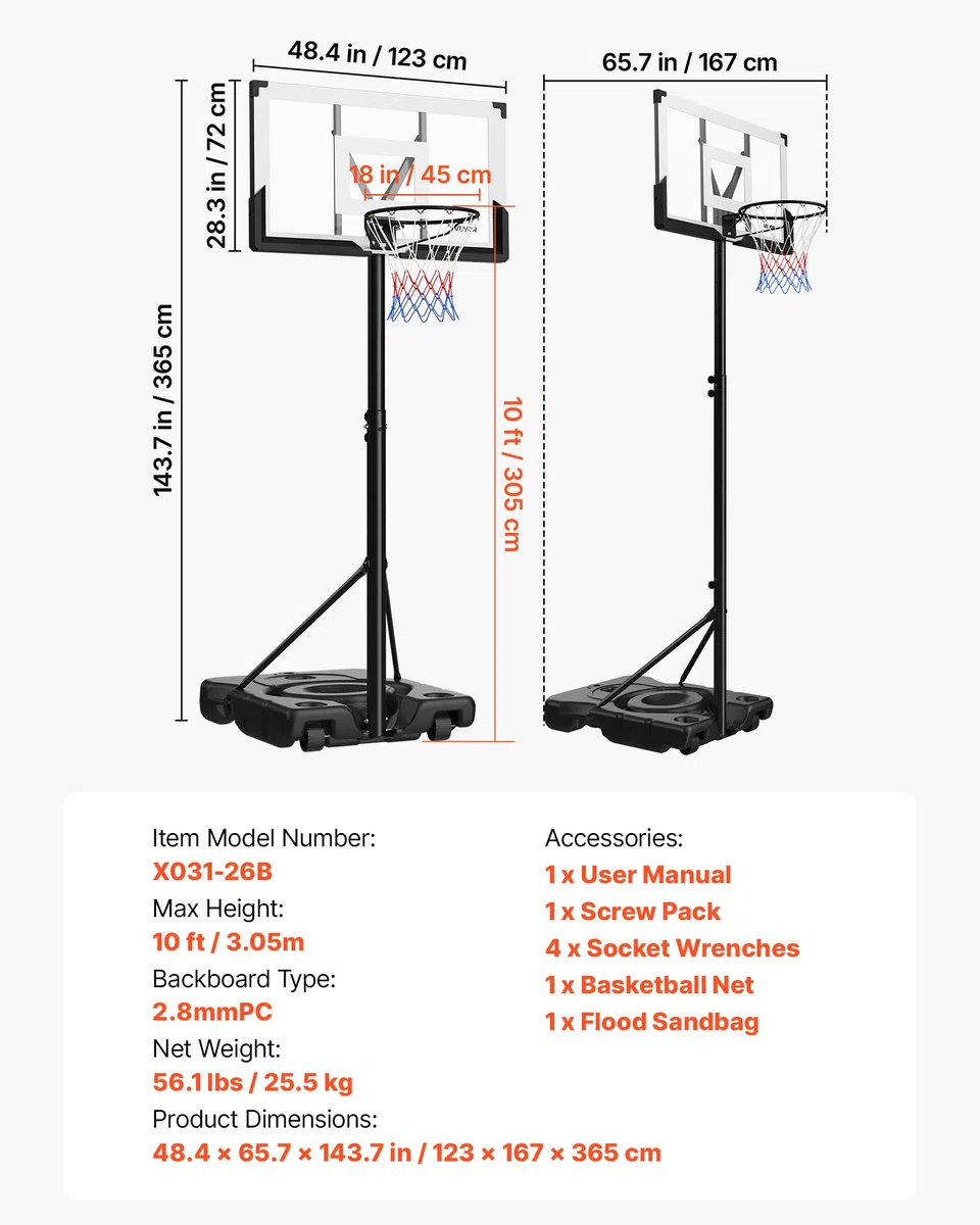 VEVOR Canestro da Basket da Esterno con Piedistallo Regolabile in Altezza Fino a 3,05 m con Ruote e Tabellone in PC da 1219,2 mm, Set di Tabelloni, Sistema di Canestro da Basket per Cortili, Piscine