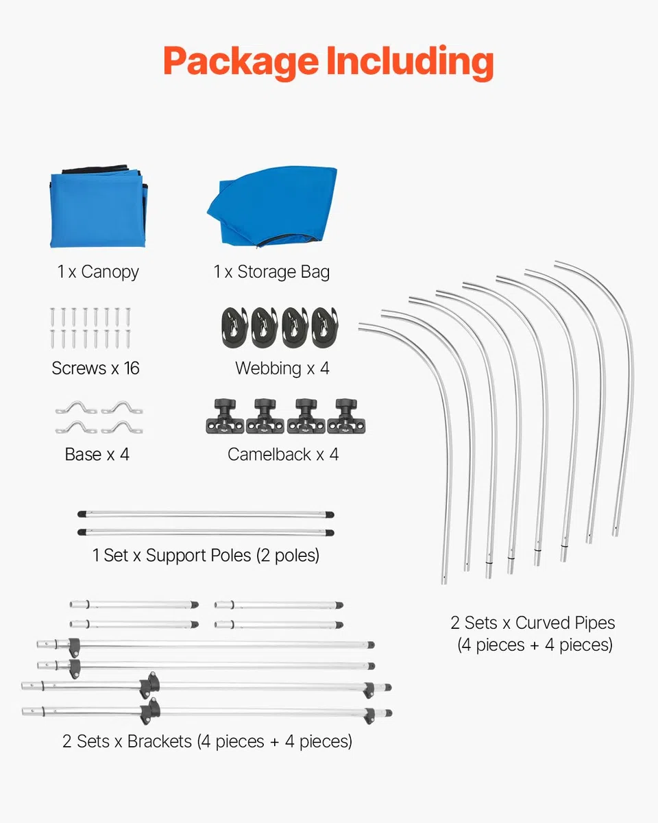VEVOR Tendalino per Barca a 4 Archi in Poliestere 600D con Telaio in Lega di Alluminio, Tendalino Parasole Impermeabile per Barca con Borsa Portaoggetti, Larghezza 201 a 213 cm Blu Pacifico