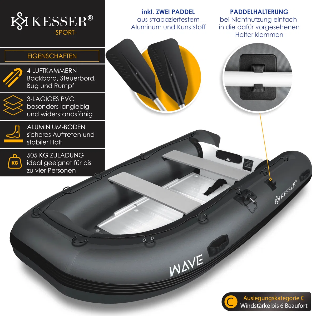 KESSER Gommone 3,20 m per 4 persone – Wave Motor adatto per il tempo libero, barca a motore, barca da pesca, con 2 panche, set di riparazione e borsa gonfiabile in PVC