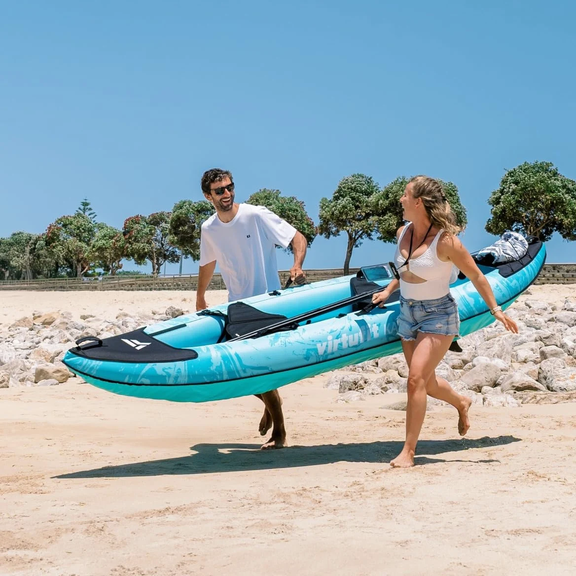 VirtuFit Kayak 335 Gonfiabile - 2 + 1 Persone + Opzione 3° Sedile - Include 2 pagaie, pompa a mano, borsa per il trasporto e 2 pinne, per mare, fiume e lago, costruzione stabile, 335 cm, turchese