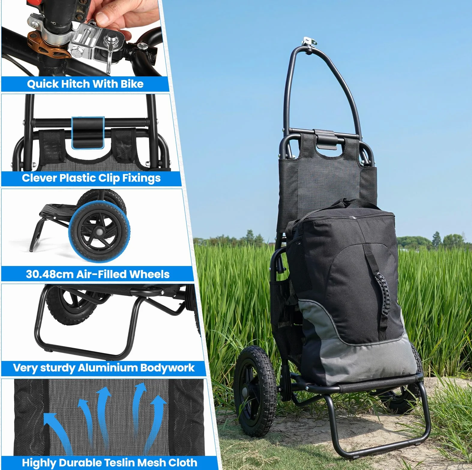 SEPNINE Rimorchio per Bicicletta, Carrello per Bicicletta Pieghevole Moderno e Minimalista, Telaio in Alluminio, Carico Massimo 20 kg, Rosso/Nero
