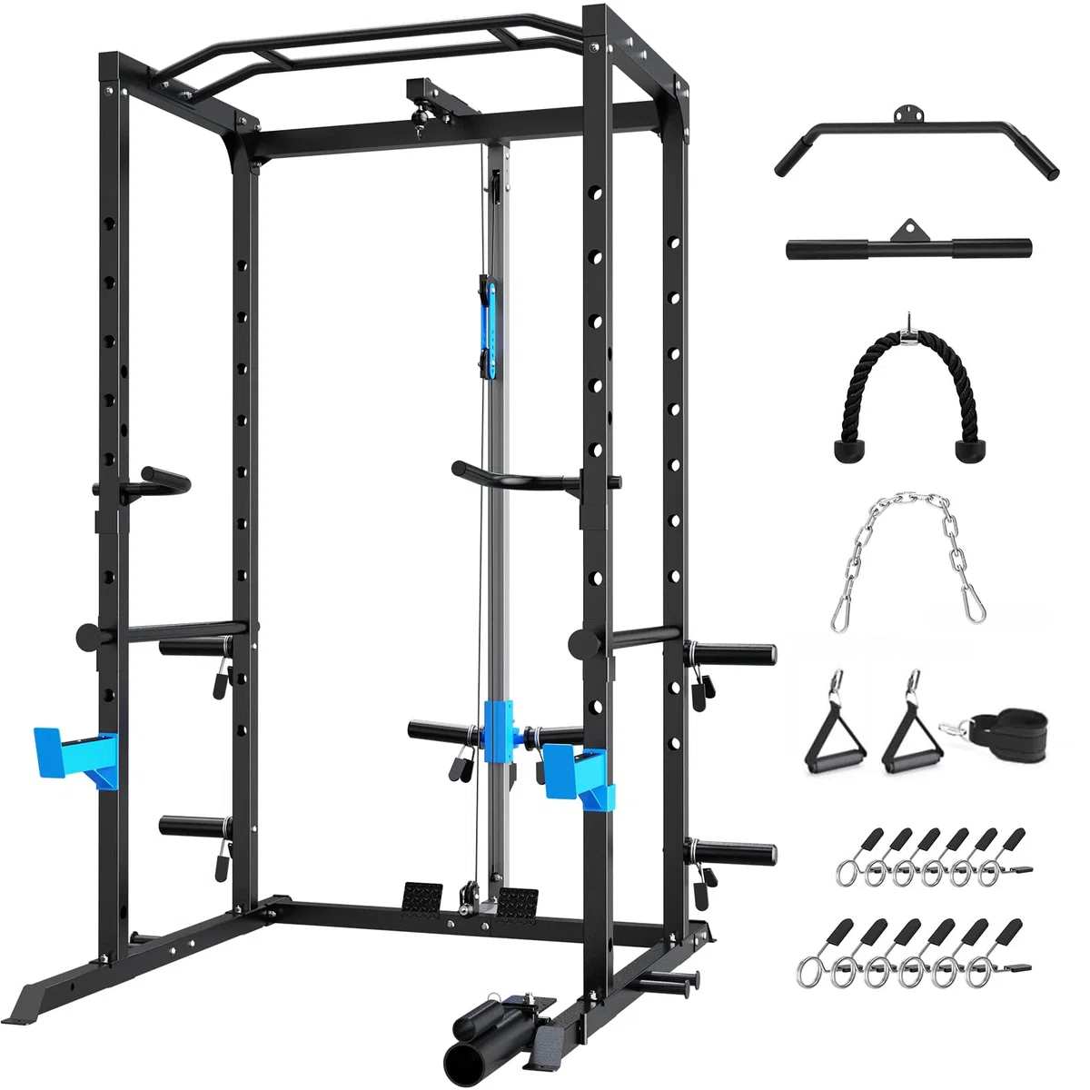 WINNOW Power Cage - Power Rack multifunzione con ganci a J, maniglie per immersioni, attacco per mine antiuomo e sistema di puleggia per cavi opzionale, per palestra domestica