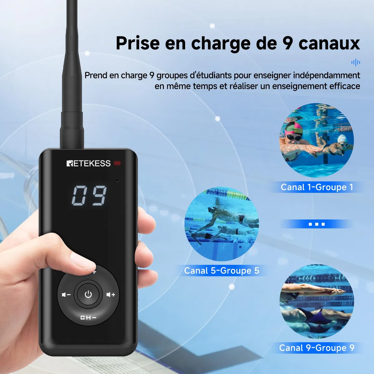 Retekess TT120 Comunicatore Subacqueo, Cuffie da Nuoto a Conduzione Ossea, IP68 Impermeabile, 120 m, Sistema di Comunicazione Per Allenamento,Club di Nuoto, Coaching (1 Trasmettitore, 2 Ricevitori)