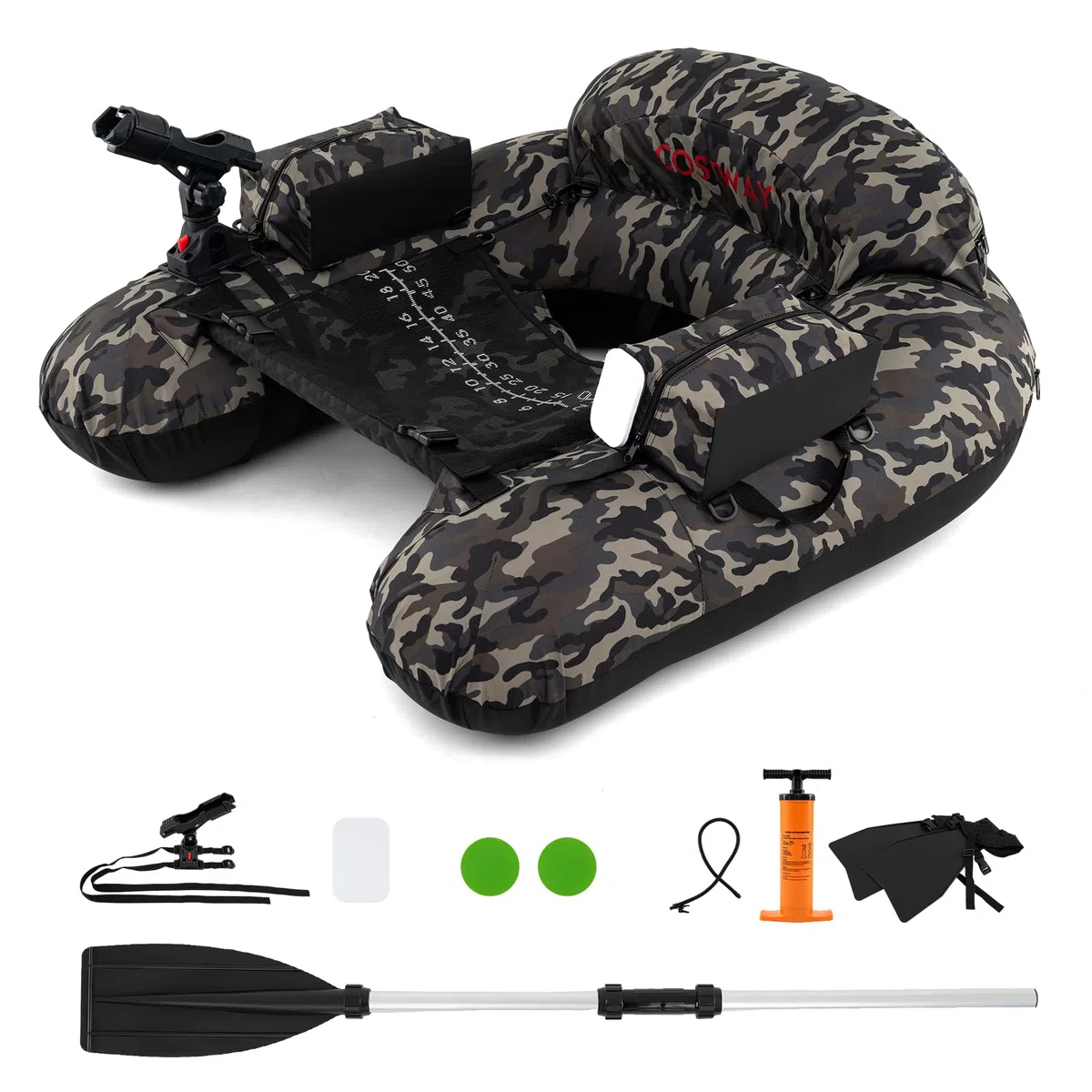 COSTWAY Barca Gonfiabile da Pesca, Belly Boat Portatile con Portacanna Regolabile, Supporto per Ami, Pagaia in Alluminio, Pinne, Pompa e Kit di Riparazione, Portata 150 kg
