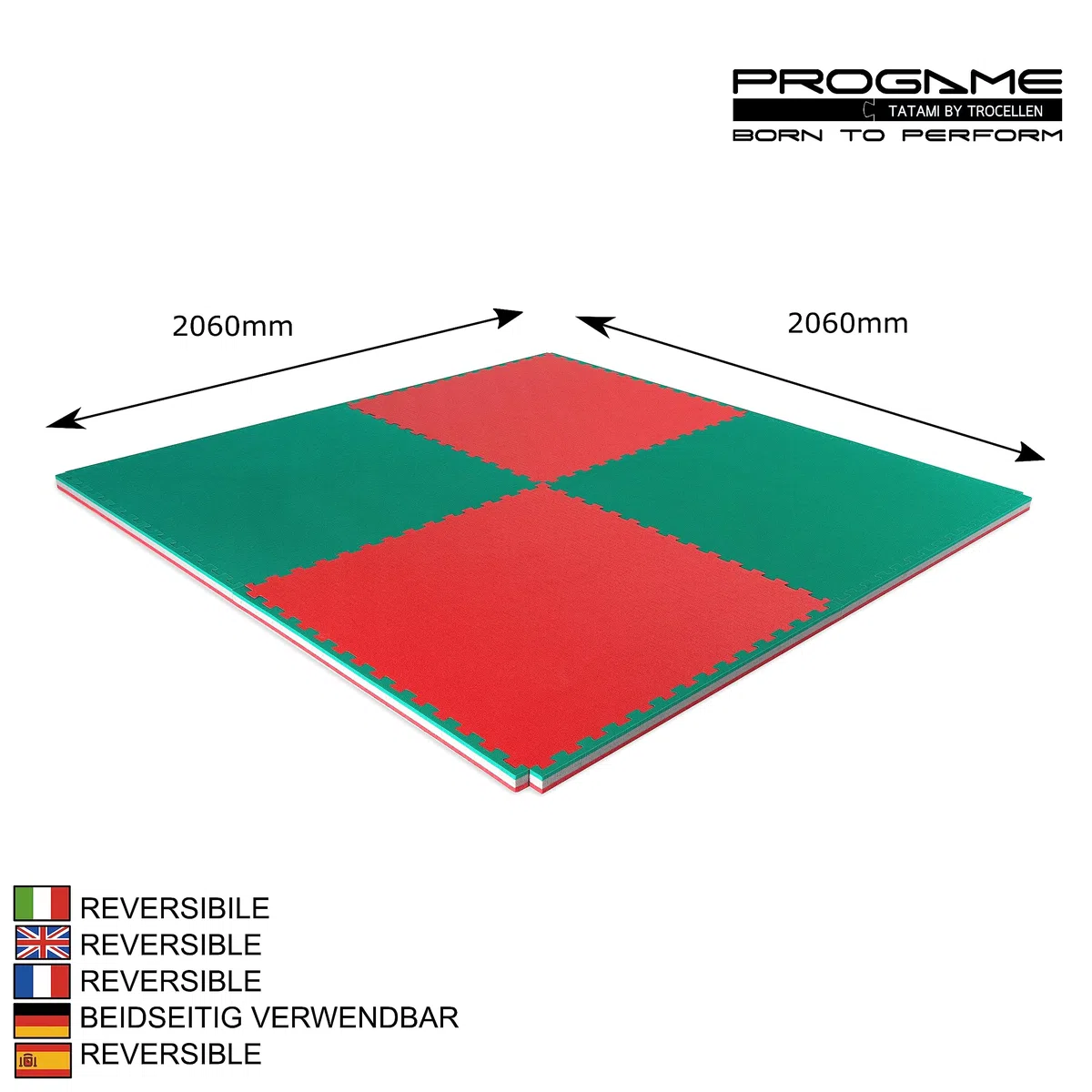 PROGAME Kit 4 pezzi Tatami Palestra 100x100x4 cm [Superficie Totale 200x200 cm] Performance PLUS Home Verde/Rosso. Tappeto Arti Marziali Professionale