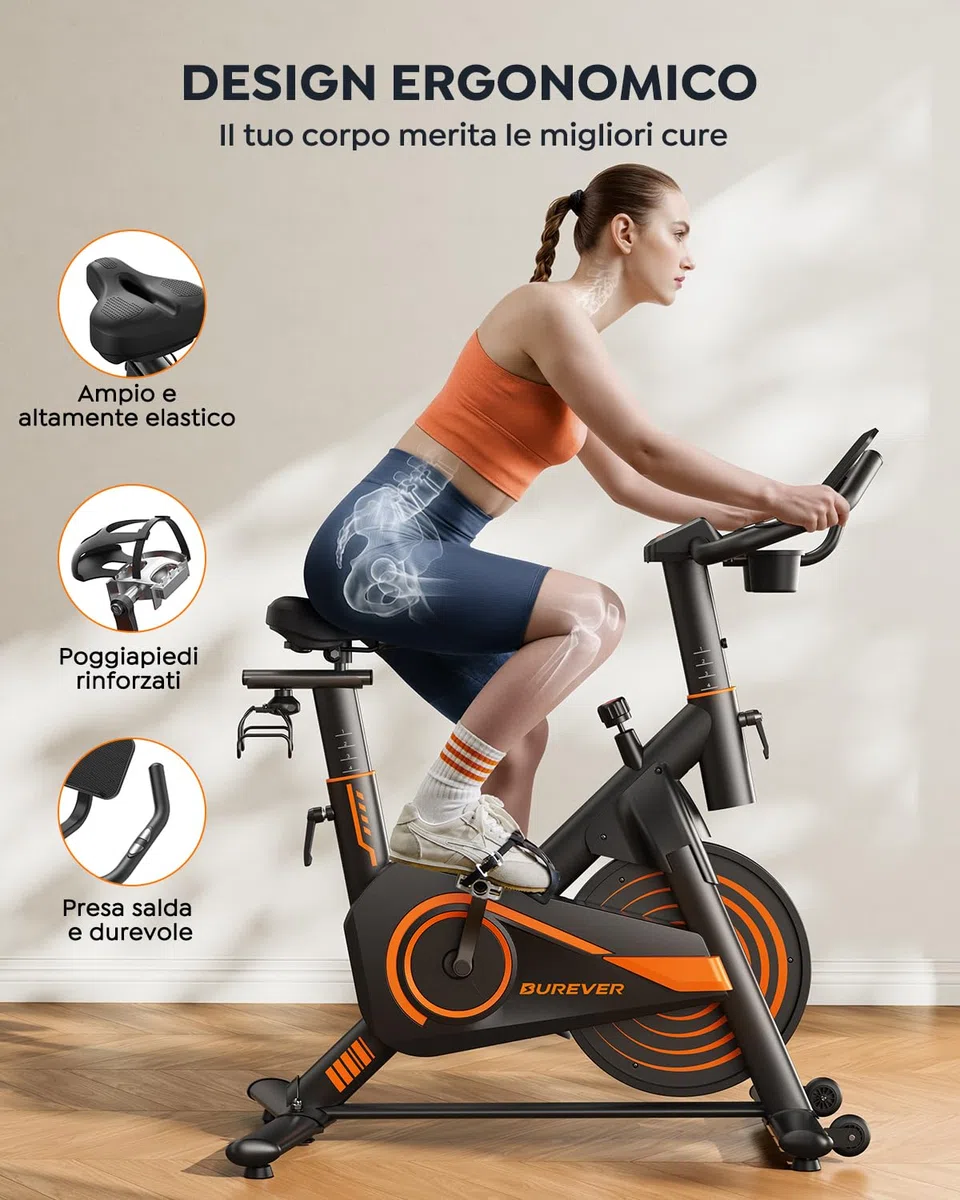 Cyclette da Casa Ultra Silenziosa, Cyclette per Casa con App, Design Ergonomico, Schermo LCD con Frequenza Cardiaca, Resistenza Magnetica, Volano da 15KG, Capacità 160 kg