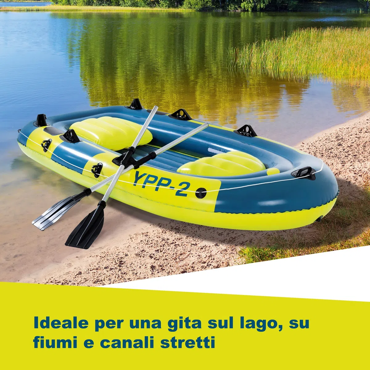 Hoberg Gommoni per imbarcazioni 2 posti / 4 posti | Adatto per 2 o 4 persone | Con 2 panche, 2 pagaie, pompa, kit di riparazione, 2 supporti per la pesca, sacca asciutta e altri accessori [blu/giallo]
