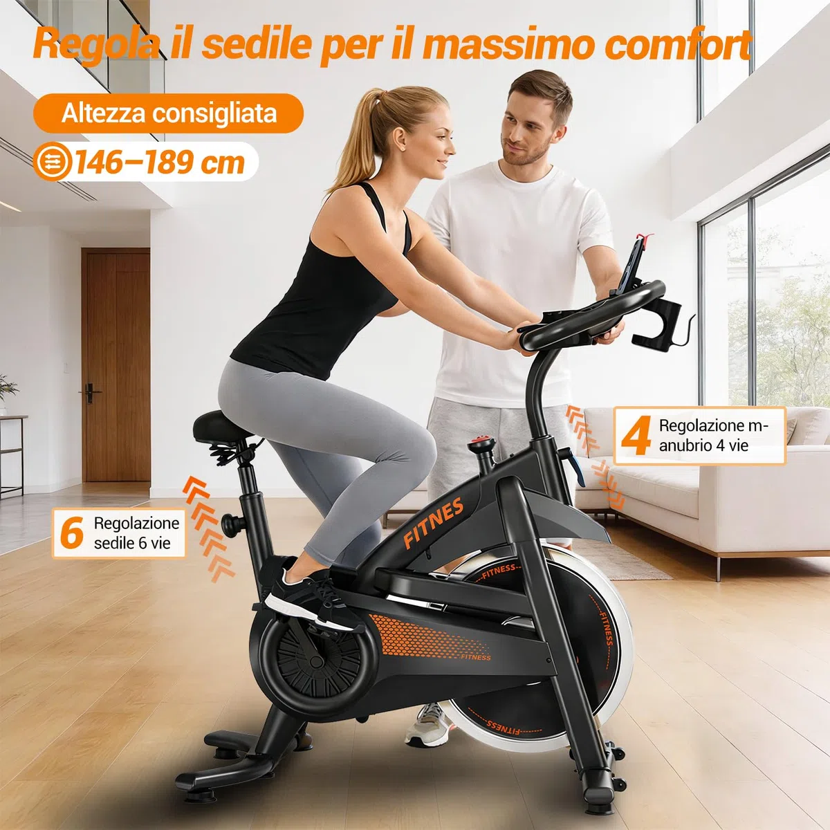 CURSOR FITNESS Cyclette da casa professionale, Cyclette professionale con misurazione della frequenza cardiaca e display LED, Spin bike con app, sedile confortevole, capacità di carico fino a 136 kg