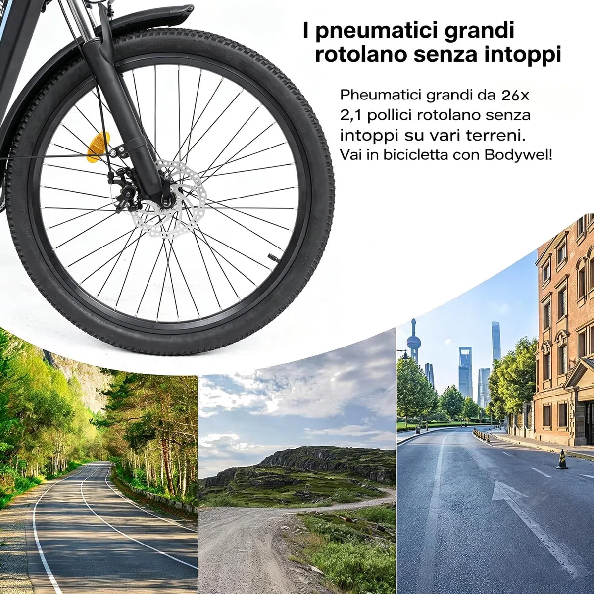 Bodywel A26 E-Bike Uomo 26 Pollici, Bicicletta Elettrica con Batteria Rimovibile 36V 13Ah, Autonomia 50-70km, Motore 250W, 7 Velocità, Freni a Disco Meccanici, E-Bike da Città