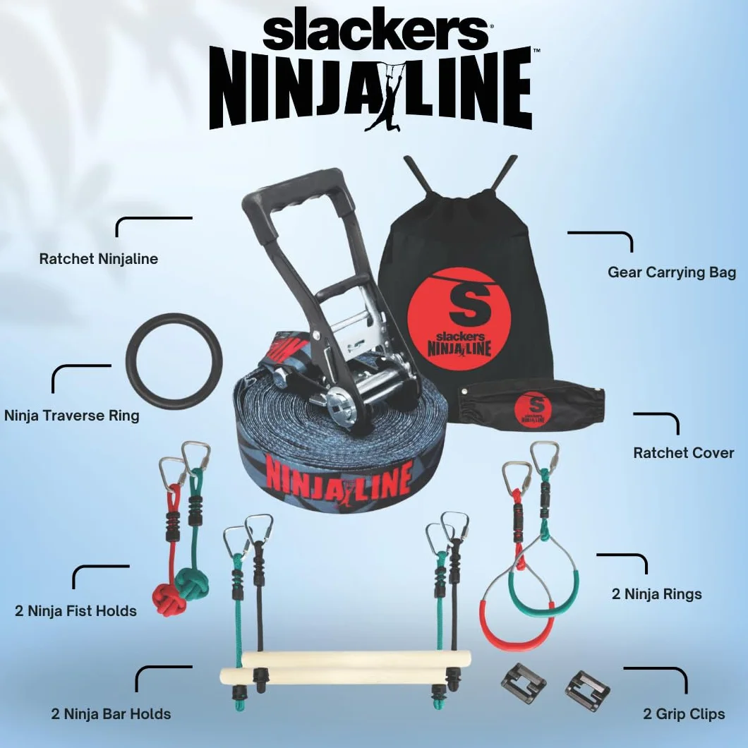 Slackers Ninja Line Starter Set - Percorso ad Ostacoli all'aperto e Slackline per Bambini dai 5 Anni in su - Set Completo con Slackline da 11 m, 7 Ostacoli, cricchetto e Borsa per Il Trasporto