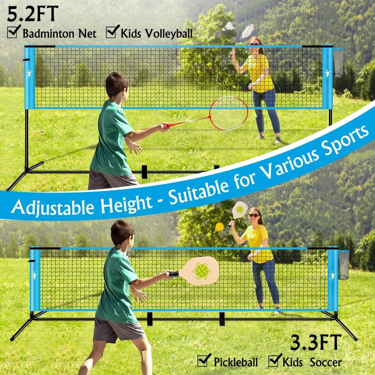 Rete Multisport Regolabile per Badminton, Pallavolo, Pickleball e Tennis | Set Portatile con Paddle e Racchette, 5 Punti di Ancoraggio Indoor/Outdoor