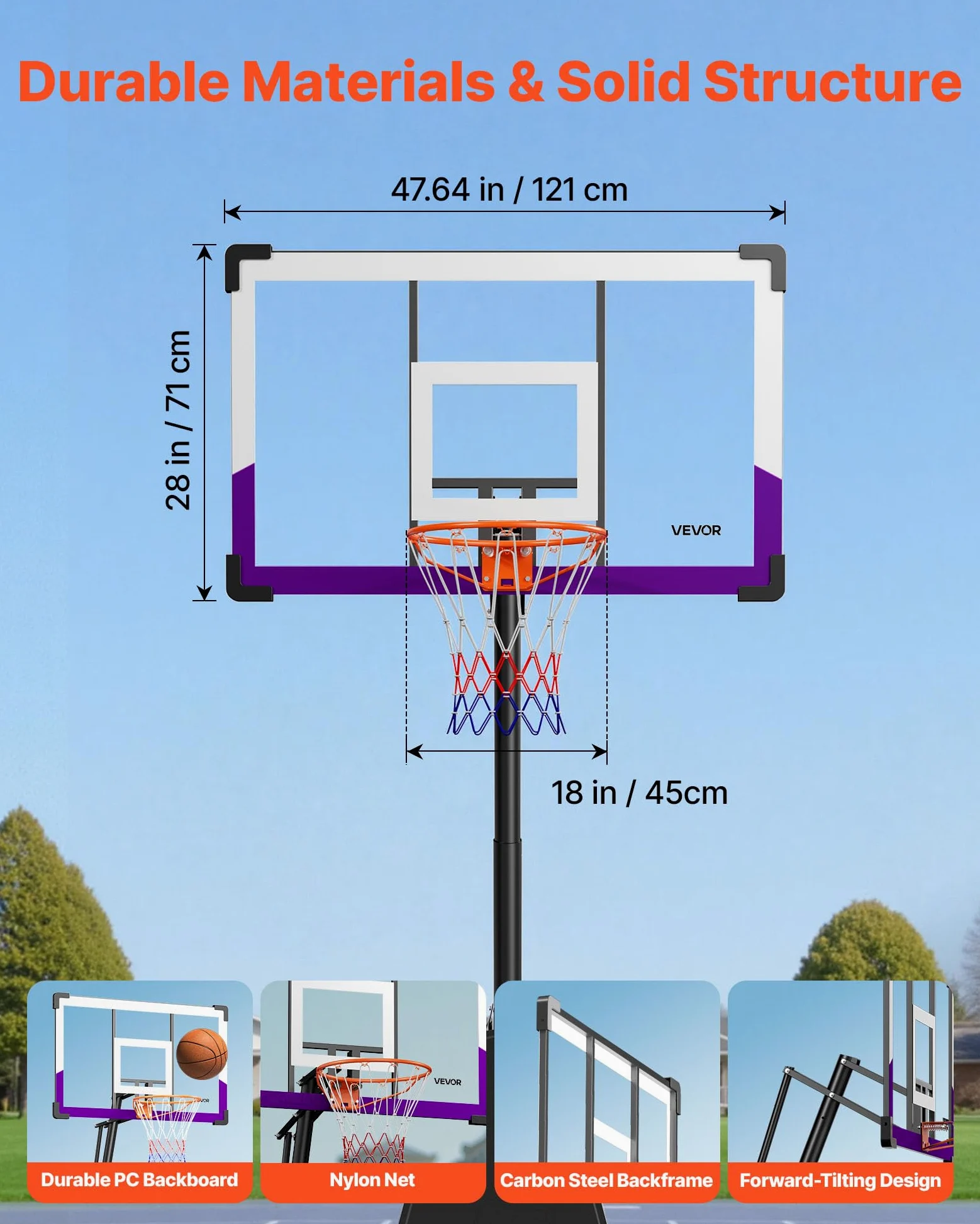 VEVOR Canestro da Basket Portatile, Altezza Massima 3,05 m, Regolabile Manualmente, Sistema da Basket con Tabellone in PC da 1219,2 mm, Set di Tabelloni per Sistema da Basket per Cortili, Scuole
