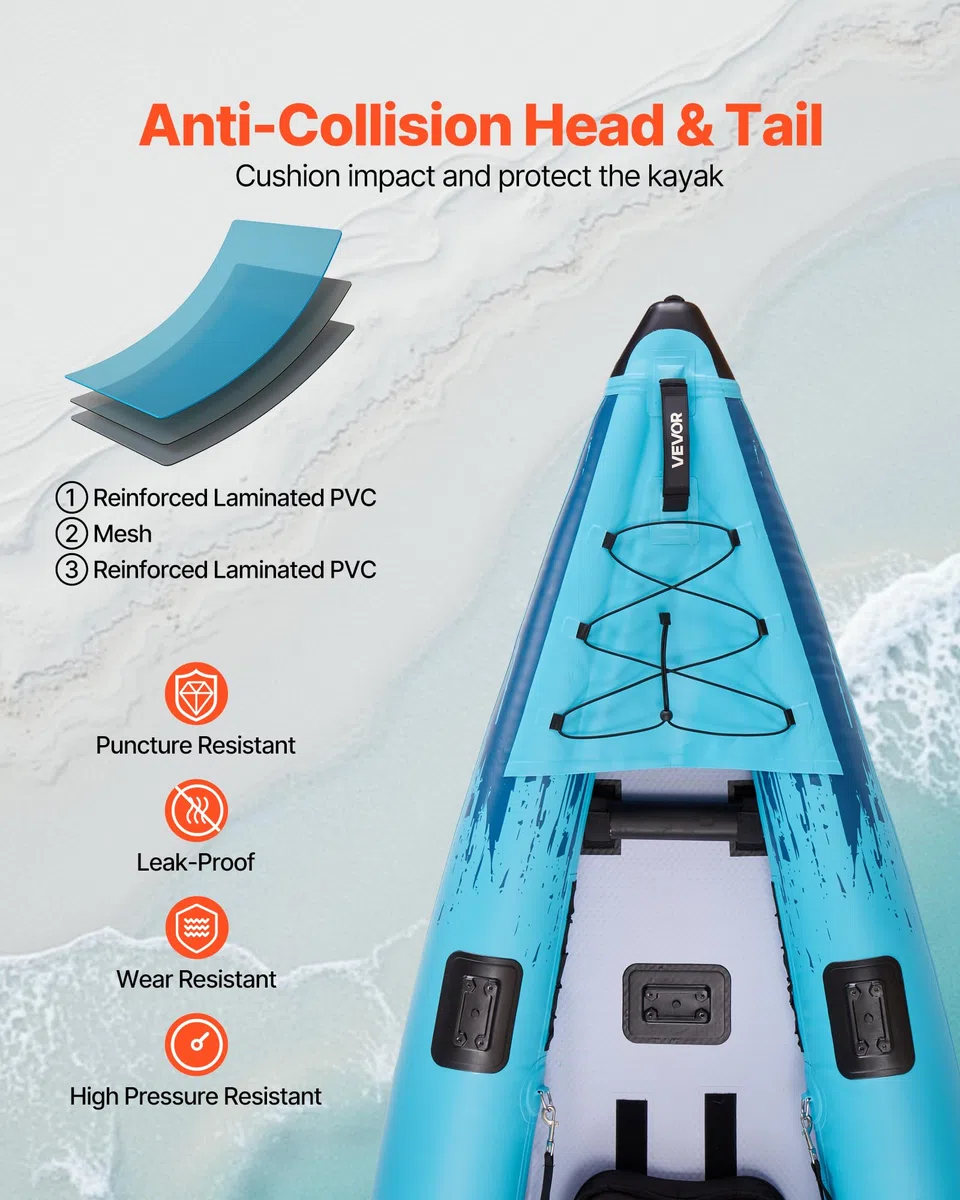 VEVOR Kayak Gonfiabile per 2 Persone, Capacità 317,5 kg, Resistente a Perdite e Forature, con Seduta Imbottita, Pavimento in PVC, 2 Pagaie, Pompa a Mano, Borsa Trasporto, per Pesca e Campeggio