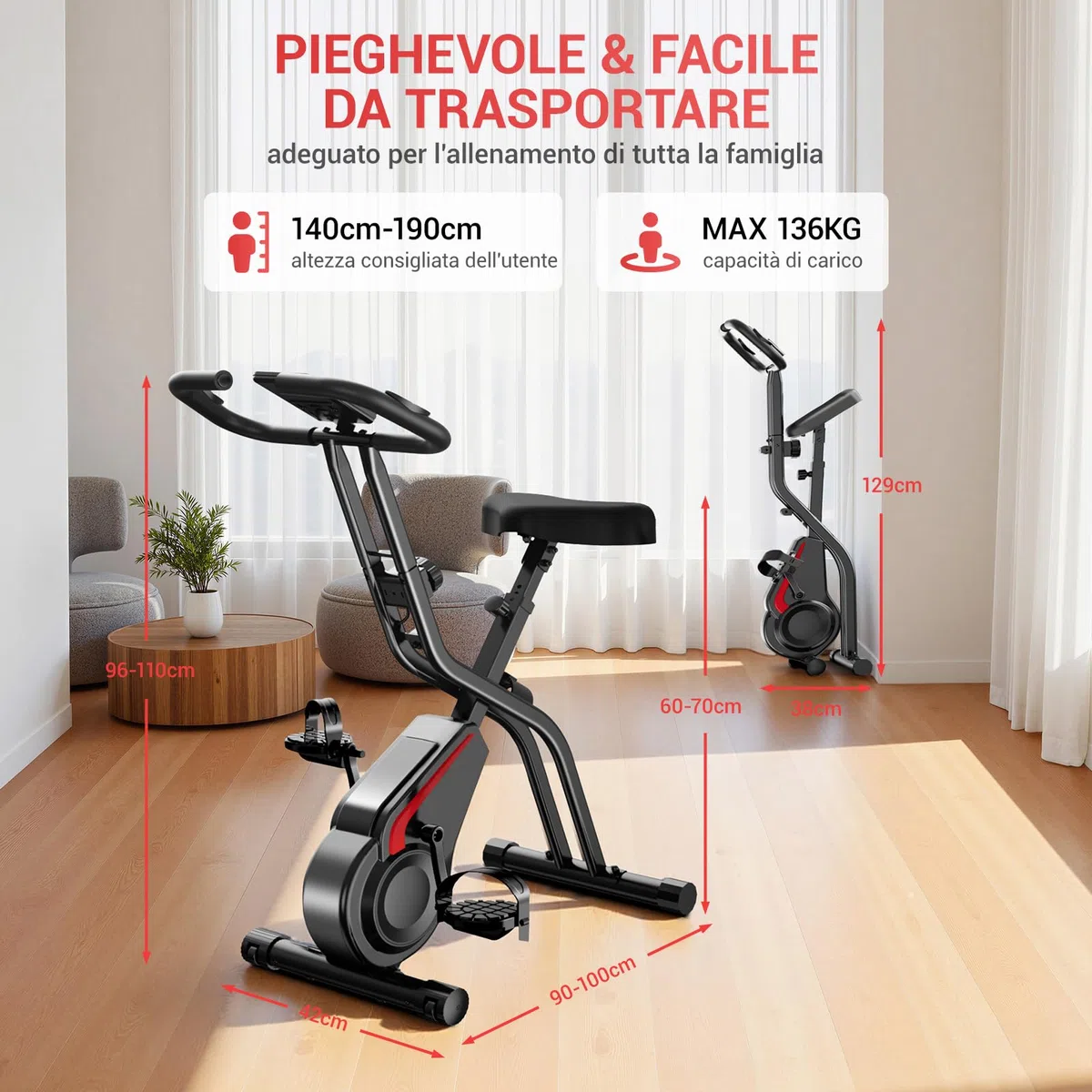 CURSOR cyclette da casa pieghevole Ergometer, cyclette pieghevole 5-in-1 con Resistenza Magnetica a 16 Livelli, cyclette per casa Bici da Camera con Sedile Comodo, Massimo 136kg