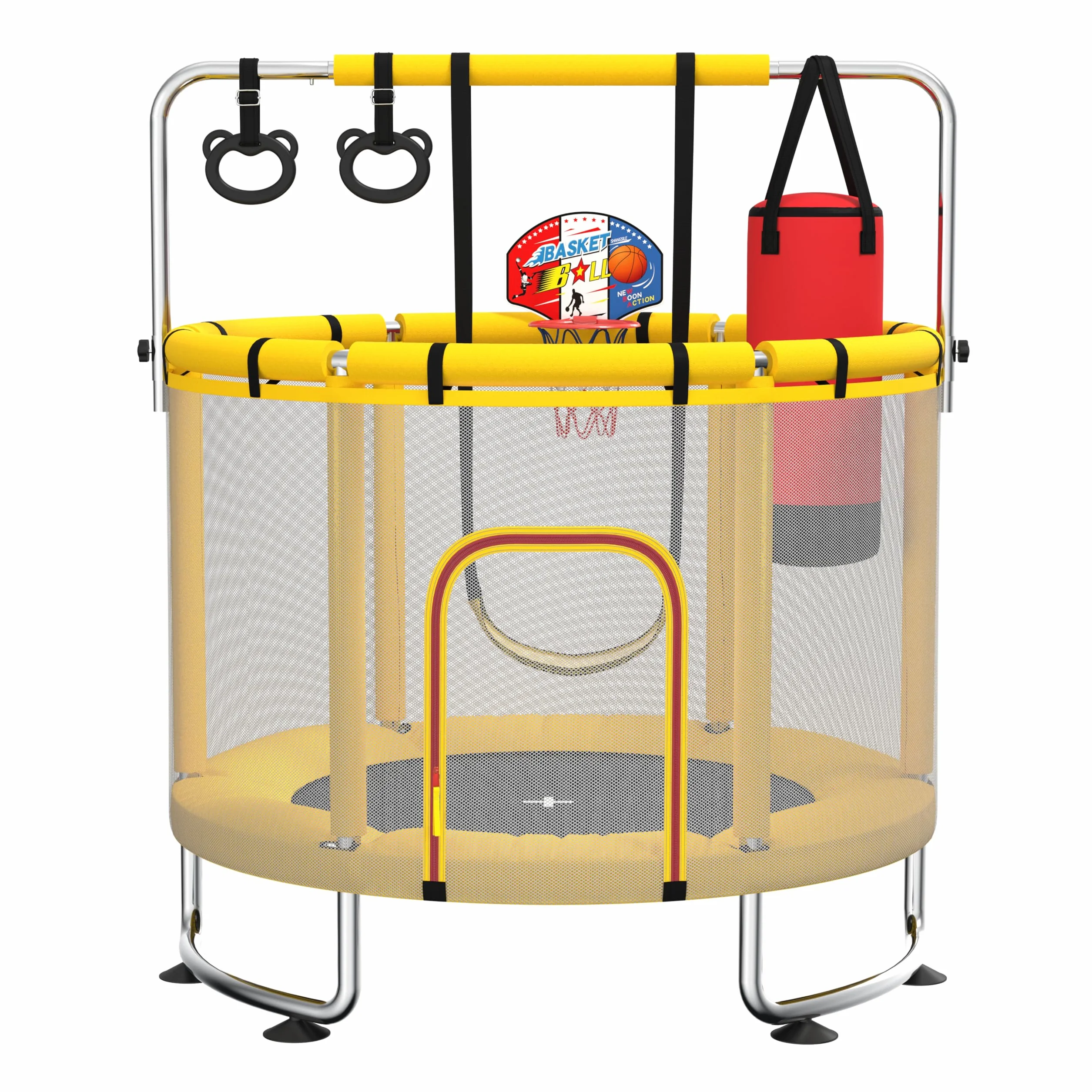 Trampolino per bambini da 140 cm per interni/esterni, capacità di carico 50 kg, con rete di sicurezza, barra da ginnastica regolabile e canestro da basket, regalo per bambini e bambine
