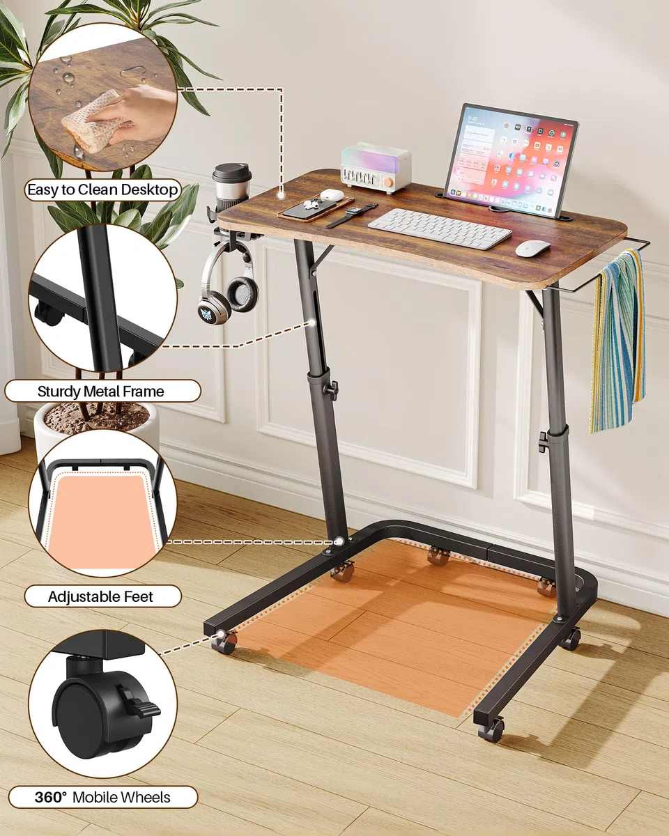 Tavolo da allenamento a rulli per bicicletta con regolazione in altezza e ruote, comodino e tavolo per computer portatile, regolabile in altezza, per uso interno e tapis roulant con portabibite e