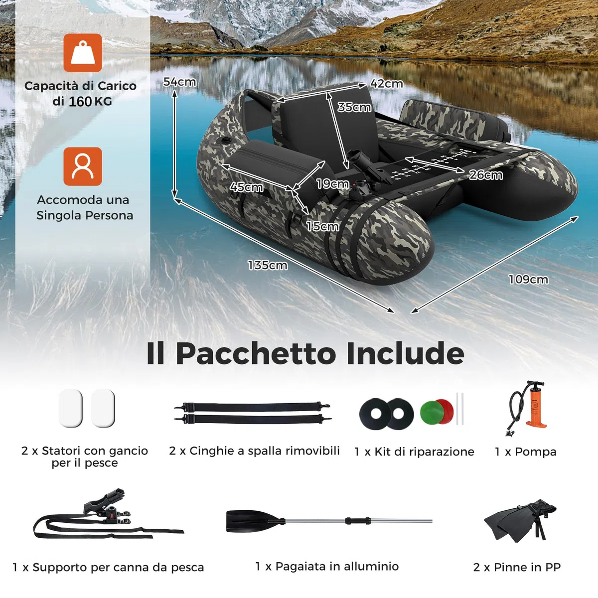 COSTWAY Belly Boat da Pesca Portatile, Gommone Gonfiabile da Pesca con Porta Canne Regolabile, Pompa, Pagaia in Alluminio, Spallacci e Kit di Riparazione, Barca da Mare con 2 Pinne, capacità 160kg