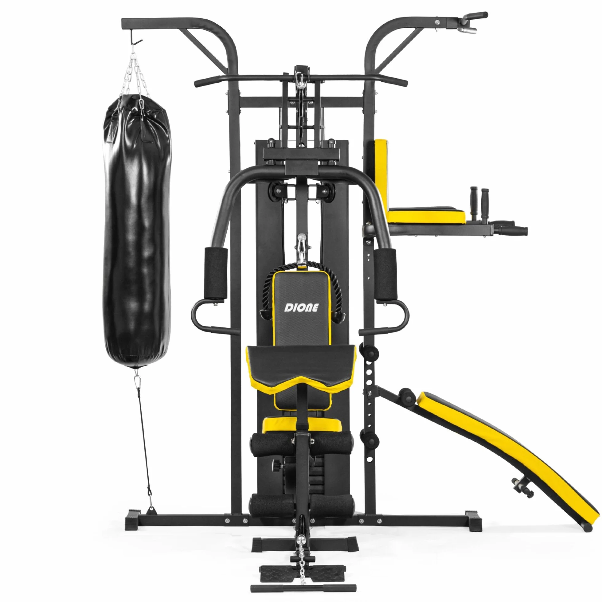 Dione HG5 - Stazione fitness, palestra multifunzionale con sacco da boxe, con 65 kg di pesi incusi, espandibile fino a 100 kg, homegym
